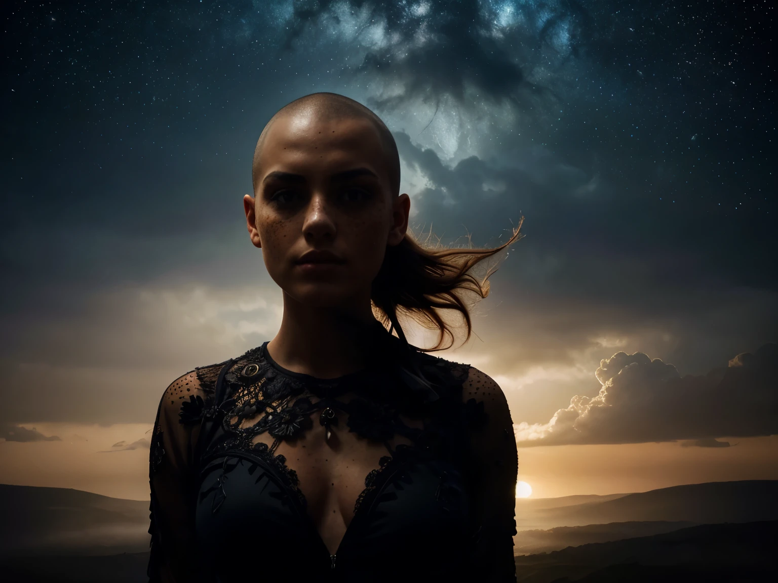 photo of beautiful 30 y.o woman, 4k uhd, high quality, dramatic, cinematic, (shaved head:1.2)), (freckles:1.3), imaginary floral patterns cumulus, a heavy mist of fragrance, noticeable, the bird seed in her hands, growing into birds, giants shelter her body, intricate ornate structures, cumulus cloud survival float around her, radiating, the night sky, deep dark shadows, she hides new seasons, the woman is aware and watching us, we see her energy