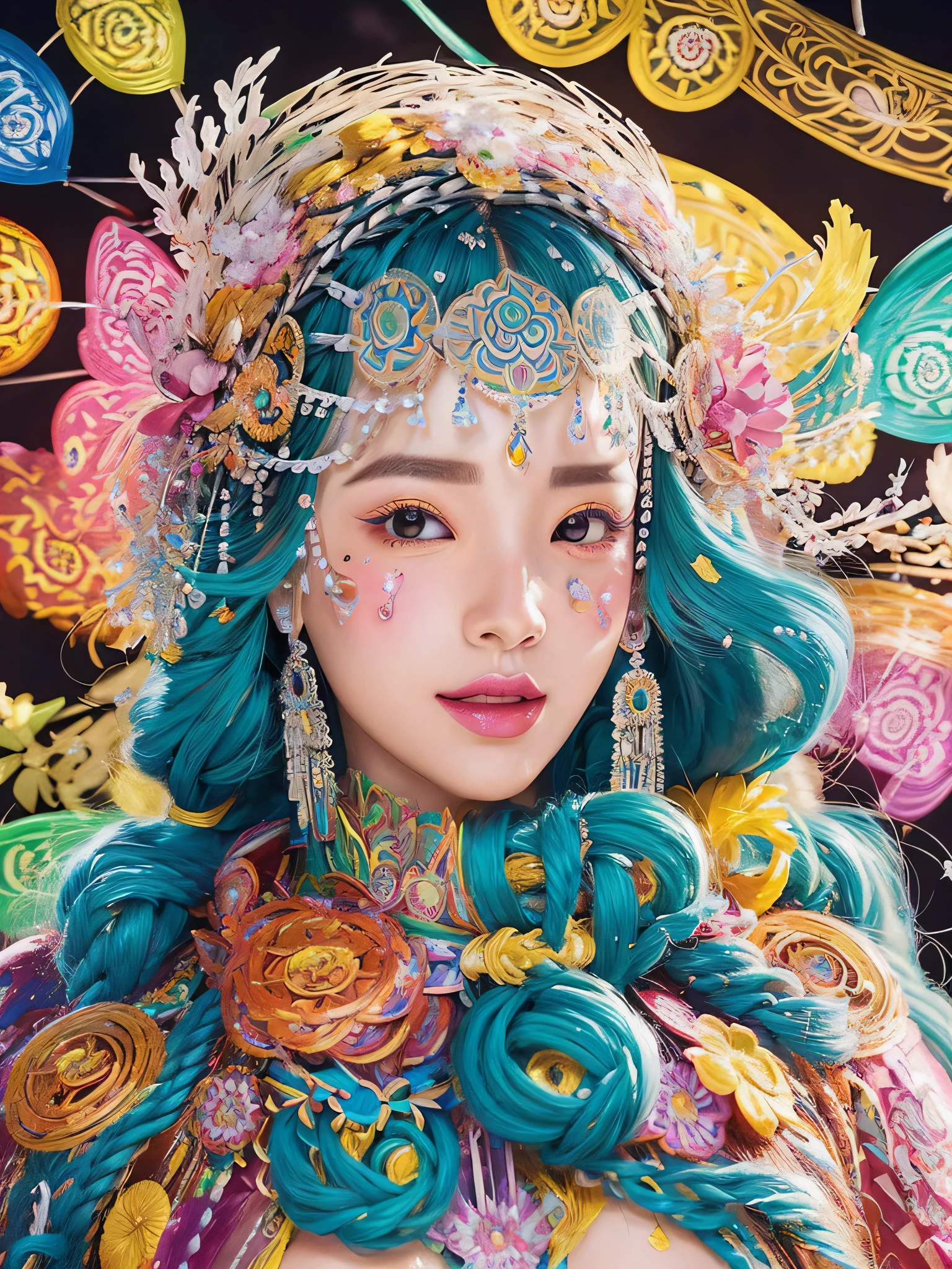 official art、pure 8k wallpaper、Super detailed、beauty and aesthetic、masterpiece、highest quality、(ゼンtangle、mandala、tangle、tangle,:1.5)、(fractalアート:1.3)、(colorful color pendulum)、(photorealistic stick:1.2)、sharp focus、1 girl、Accurate anatomy body and hands、4 fingers and 1 thumb、Femme Fatale、Front facing、very detailed、bright smile、huge breasts、navel、Sexy thighs、sensual curves、(dynamic pose、Changing the Pose、dynamic angle,)、(cowboy shot)、The most beautiful chaotic shapes、elegant、fauvism design、(bright colors、romantic atmosphere,)、happy mood、beautiful paintings、Bright colors、Psychedelic imagery、LSD、mandala、fractal、hippy、ecstasy note、 I can see the flowing notes、(I don't draw weird fingers.)、lighting from the front、(Please do not draw the nipples and areolas.)、