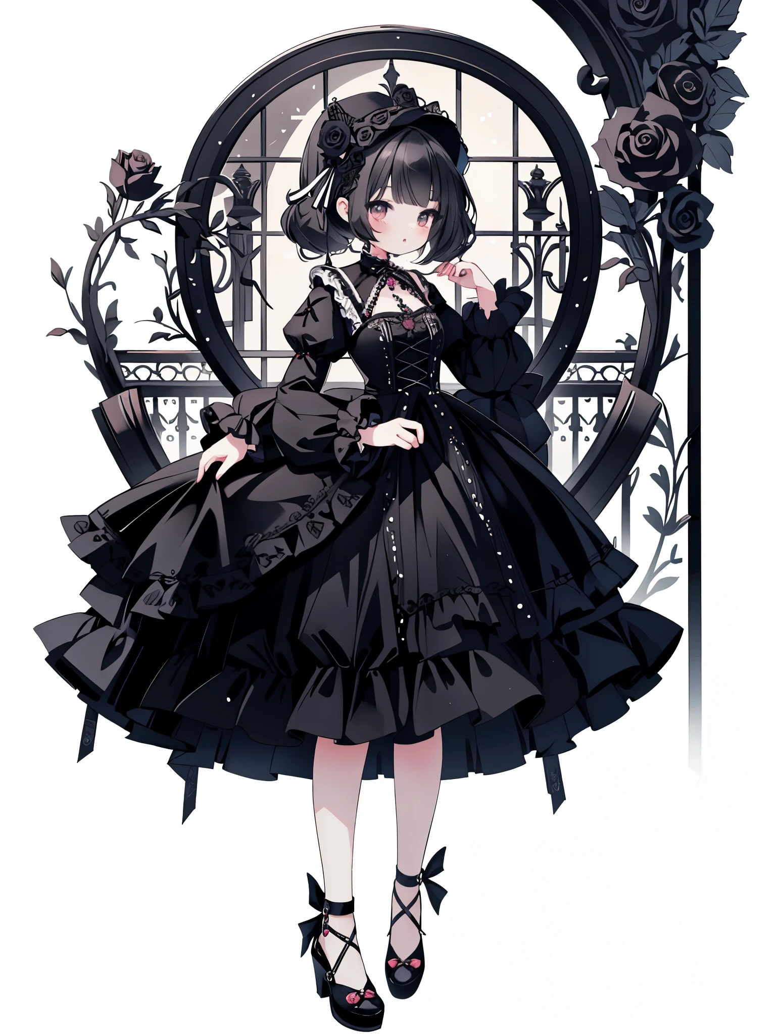 digital art, masterpiece, 最high quality, super detailed, high quality, 4K, cute girl, gothic lolita, rose, Black cat,