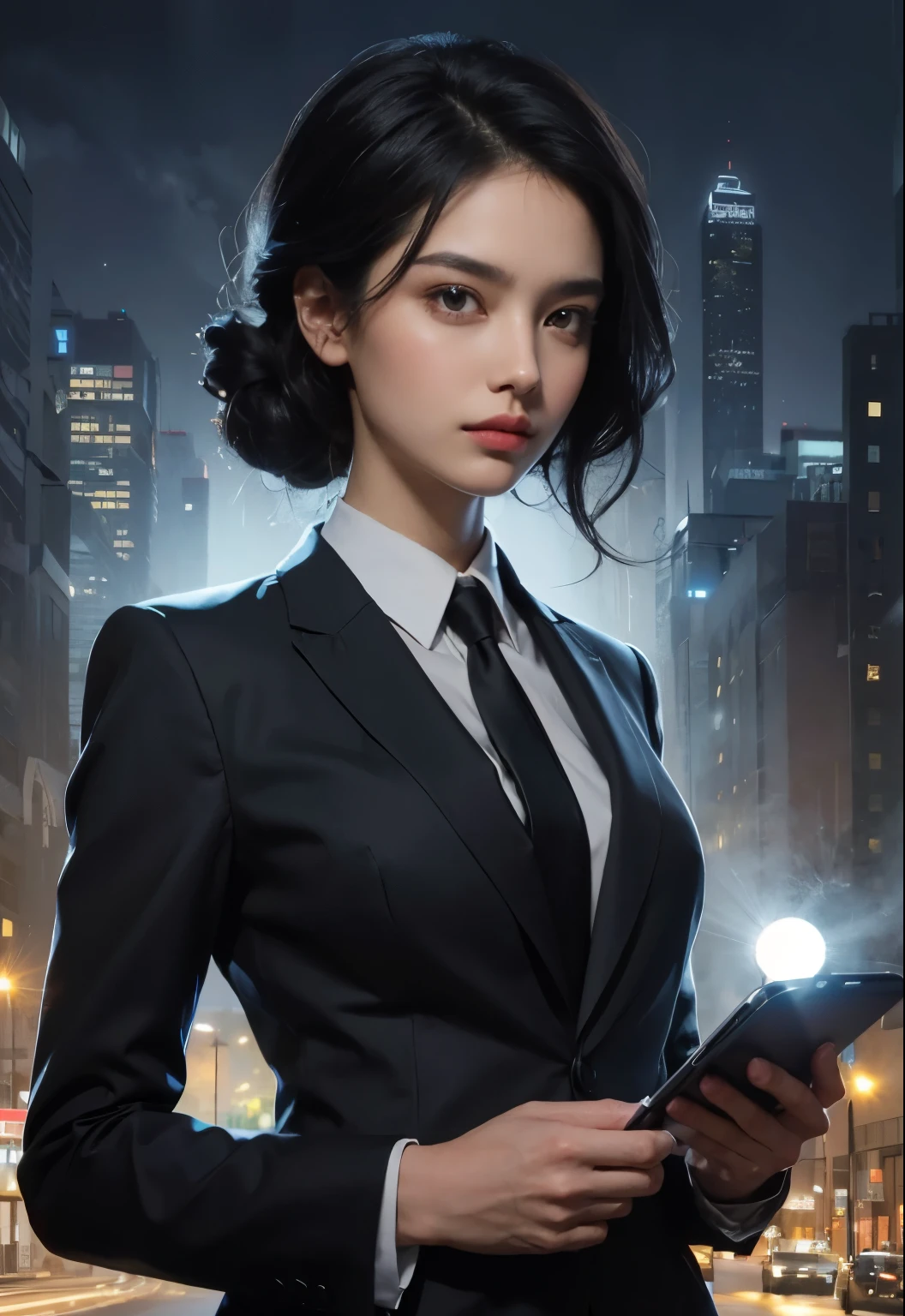 Beautiful woman. Detailed drawing of the face. A masterpiece. Black hair. He is wearing a black business suit. In one hand, he holds a device that resembles a flashlight. She is standing in the middle of the city at night. An uninhabited city.