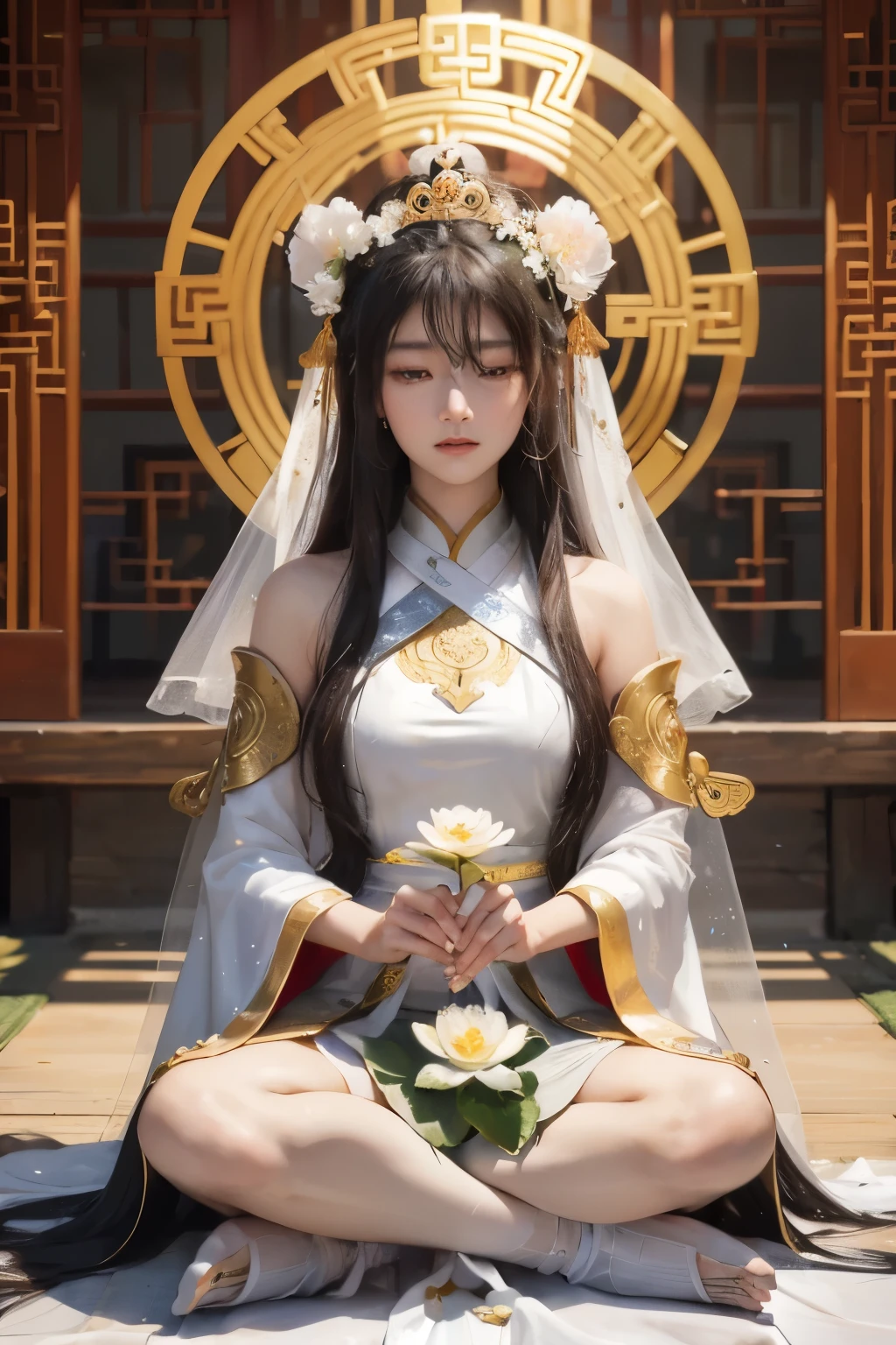 A serene Guanyin Bodhisattva, sitting cross-legged under a canopy of white lotus flowers, dresses in a pristine white robe with matching legwear, white ribbons adorning her bun and veil. Her face is pale and tranquil, long dark hair cascading around her shoulders, black pupils reflecting profound wisdom. Her gaze is infinitely merciful as she meditates, listening to the faithful in the ancient Chinese temple with golden pupils. Surrounding her are countless Pudu sentient beings, each seeking solace from their suffering.
The scene is set in a solemn, minimalist style, with nothing to distract