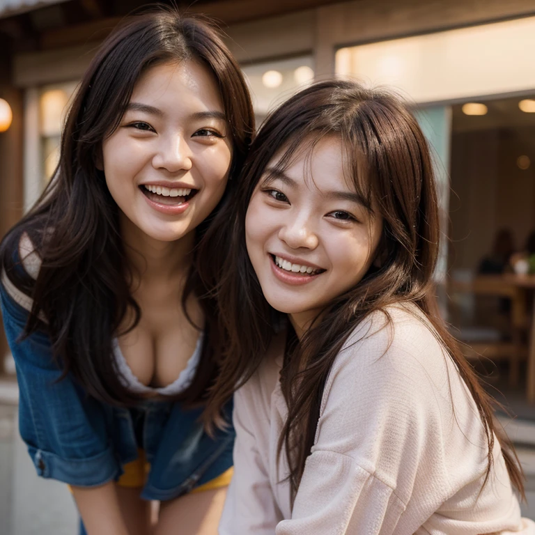 (happy, smiling: 1.1) Woman (Korean with loose hair) and her exuberant friend, laughing together, loose hair, full body close-up (best quality, high resolution: 1.2), ultra-detailed, (realistic: 1.37), Nuclei vibrant, Lighting (soft, warm), style (portrait, fashion, photography).