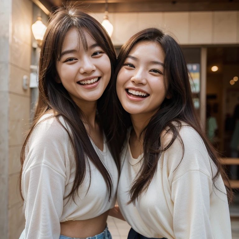 (happy, smiling: 1.1) Woman (Korean with loose hair) and her exuberant friend, laughing together, loose hair, full body close-up (best quality, high resolution: 1.2), ultra-detailed, (realistic: 1.37), Nuclei vibrant, Lighting (soft, warm), style (portrait, fashion, photography).