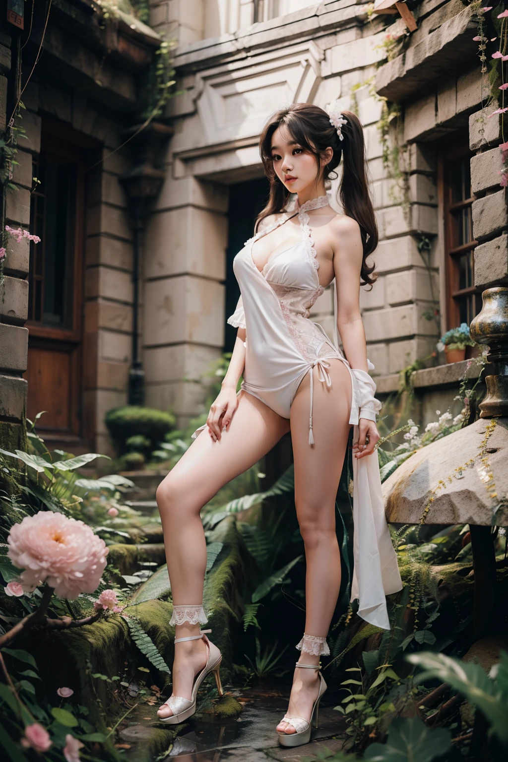 (full body:1.5) Top image quality、Raw photography、超A high resolution、18-year-old Korean, beauty、Colossal tits:1.5、cleavage of the breast:1.6、Healthy complexion、shiny white skin、((Hold twin tails))、((Dark brown hair))、Beautiful eyes with random colors、Very nice lips, beauty eyes are finely detailed、elongated eyes、pale pink blush、long eyelashes beautiful double eyelids、eyeshadows、耳环、(white silk ankle socks、Laced High heeis, pink cheongsam、Beautiful legs in long cheongsam、Attractive thighs)、fantasy forest、moderate leg thickness、Shot with emphasis on the legs、is standing、Photograph the whole body、Deep slit、High slit, Beautiful legs seen through the slit