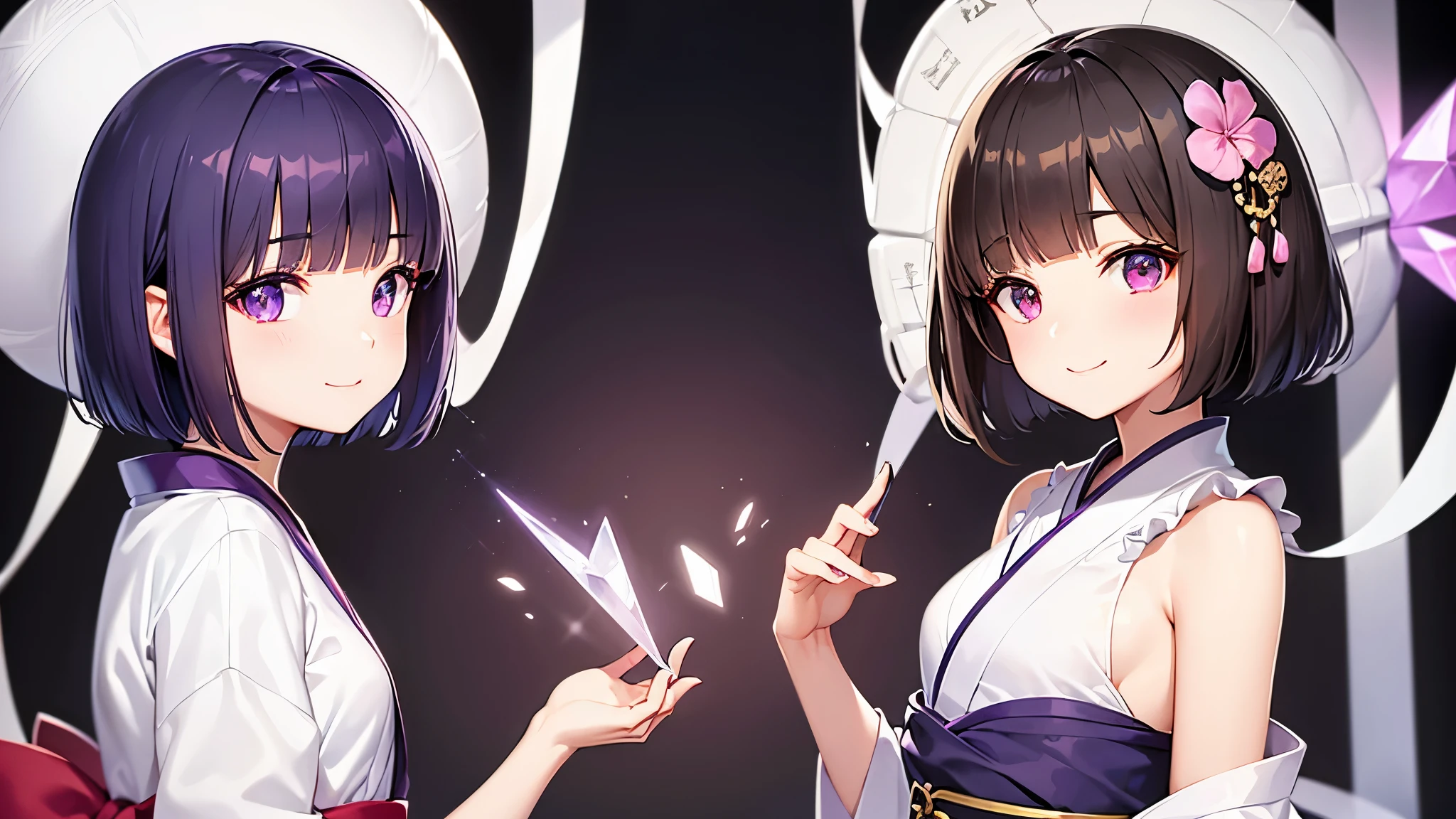 very cute girl、dark brown hair、bob cut、short hair、Violet eyes、smile、Crystal clear white skin、white yukata、。