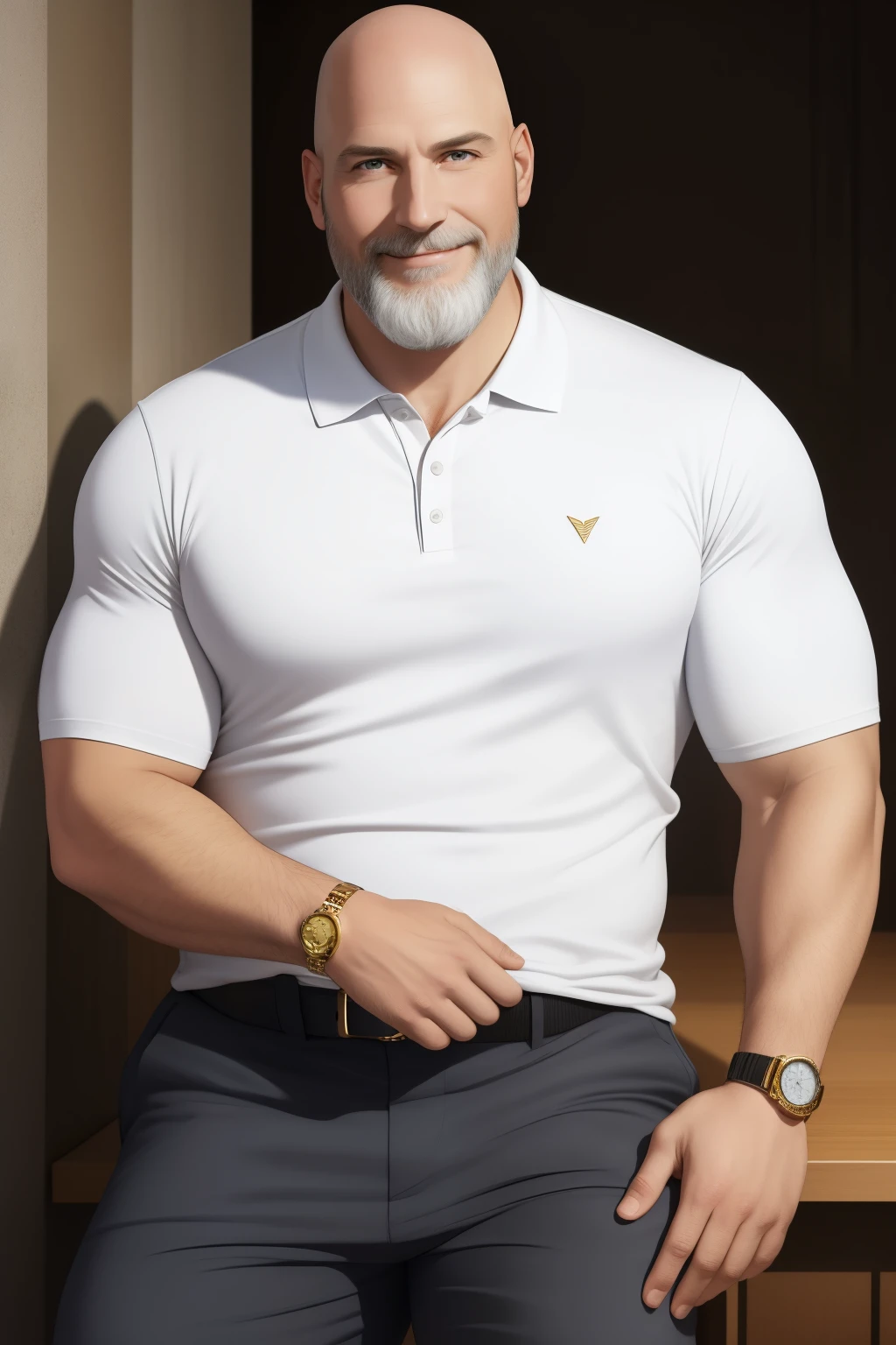 A captivating and ultra-realistic full-body portrait of a white man in his 40s, boasting a fair-skinned complexion and a bald head shaved to perfection, framed by an oval-shaped head and round curves accented at the cheeks and nose. His slightly graying beard adds character to his features, while a gold watch adorns his right arm. Dressed in a snug polo shirt and sports pants, he exudes an aura of confidence. CompleTING THIS LOOK, white luxury sneakers hug his feet. His expression is radiant, revealing a big, wide smile that proudly shows off his pearly white teeth.
This portrait is expert