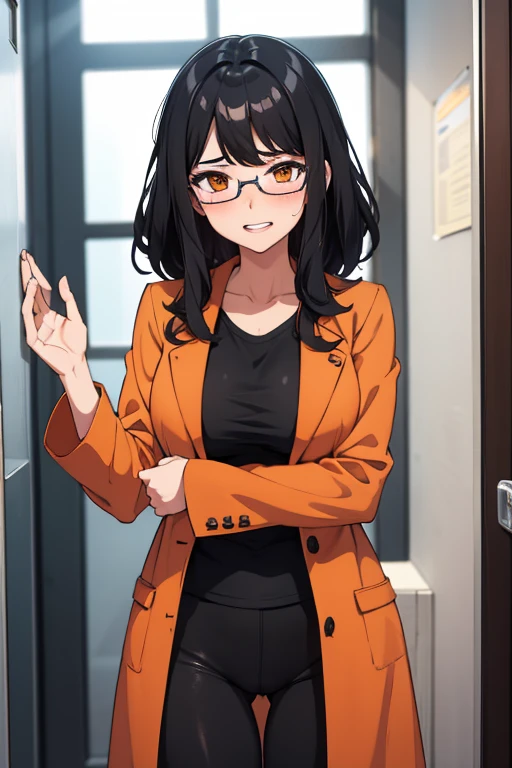 Female scientist, black hair, semi-curly hair, medium hair, redish orange coat, glasses, orange eyes, short, medium sized breast, grin, embarrassed, blushing, black leggings