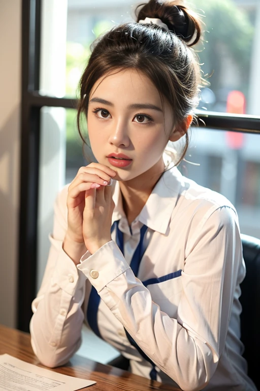 ((best quality)), ((masterpiece)), (detailed), Office background with staff，Female upper body，natural gentle face，street frontage，Acting and singing，Long-sleeved overalls，hair tied up，Mid-range scene background blur