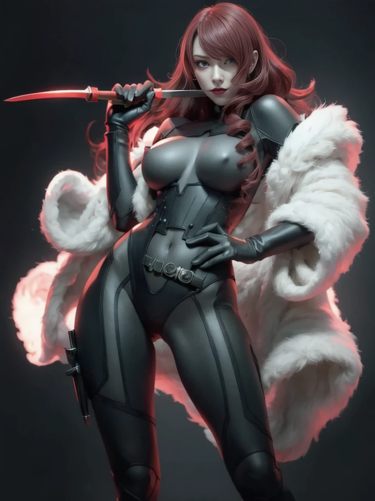 a woman with red lipstick has armor on and is holding a sword, kirijou mitsuru, 1girl, solo, hair over one eye, long hair, (((red hair))), (((red eyes))), weapon, rapier, sword, (bodysuit), black bodysuit, grey bodysuit, hand on hip, (((large breasts))), simple background, white background, (purple theme:1.2)