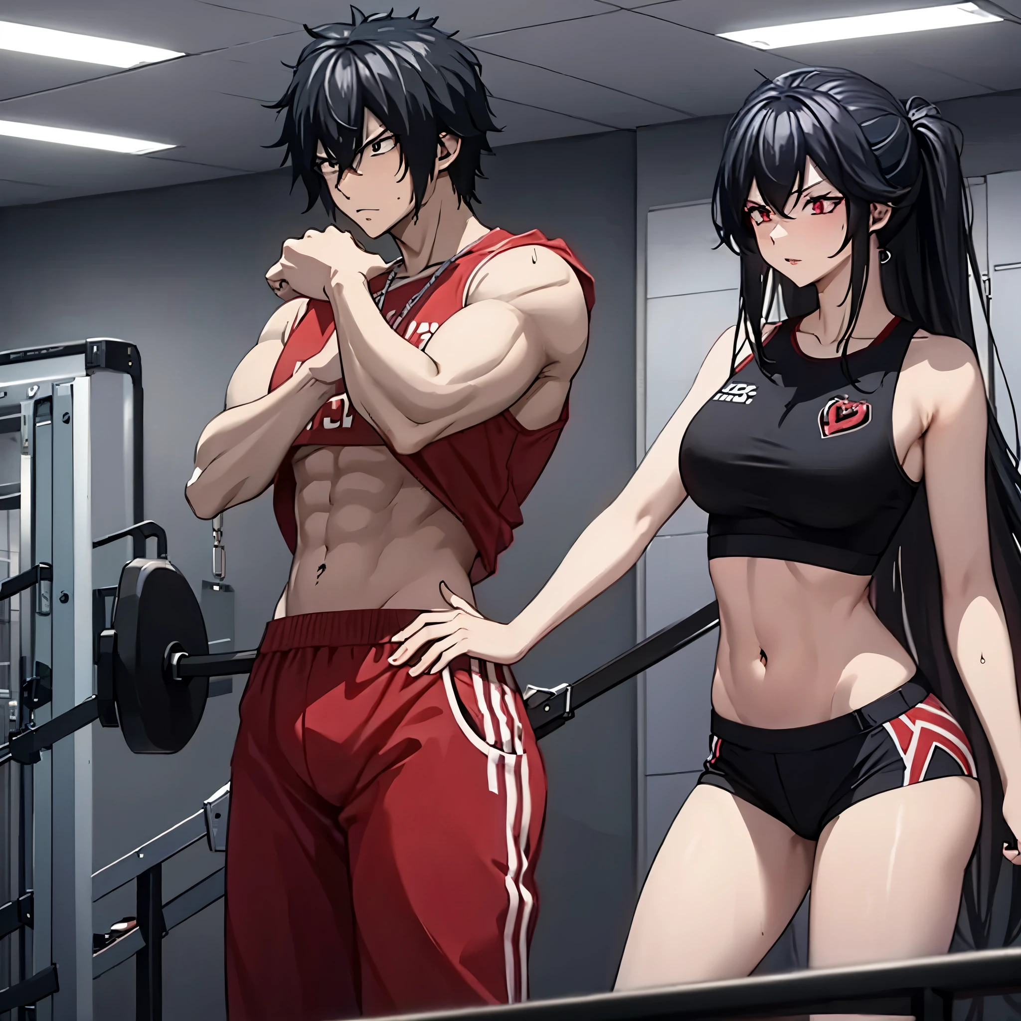 a man and a woman (eye red) in a gym working out in gym clothes in a fitness gym.
