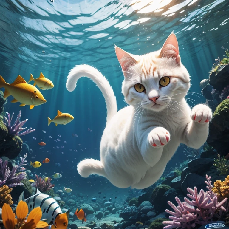 white and orange cat under dark water cartoon potrait