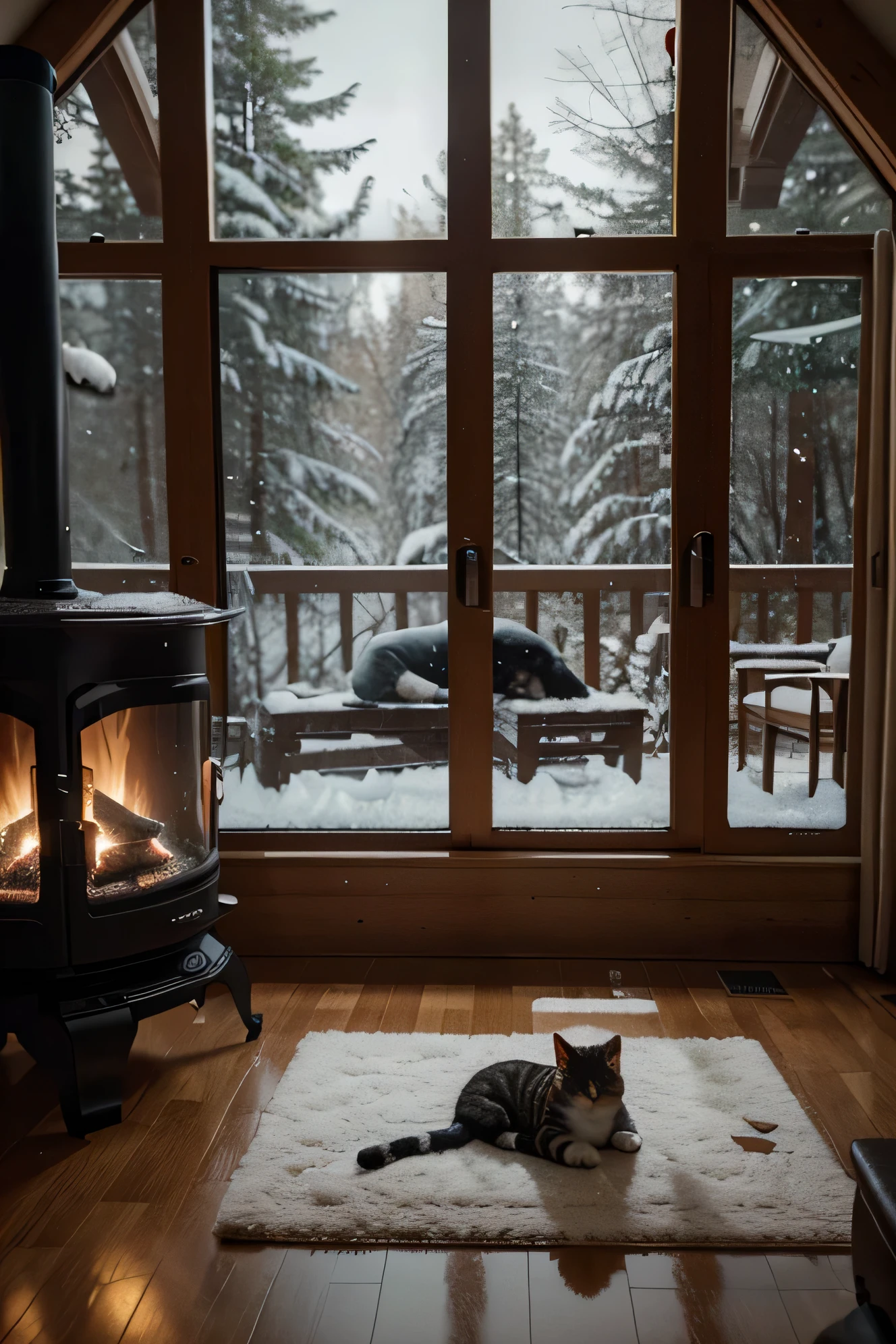 photograph taken with an EOS R5 C and a Canon RF 35mm F1.8 Macro IS STM lens with an exposure setting of 1/50 s a f/1.8 and ISO 100 Super realistic quality: Despite the emphasis on the sleeping cat on the floor in the foreground, sharp and realistic, composition maintains crisp 8k quality. El gato, la chimenea con llamas y la nieve cayendo afuera, seen through the large window, Contribuir a crear una escena armoniosa y visualmente agradable..