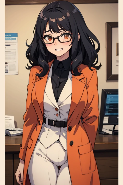 Female scientist, black hair, curly hair, medium hair, redish orange coat, glasses, orange eyes, short, medium sized breast, grin, embarrassed, blushing, in a lab, 