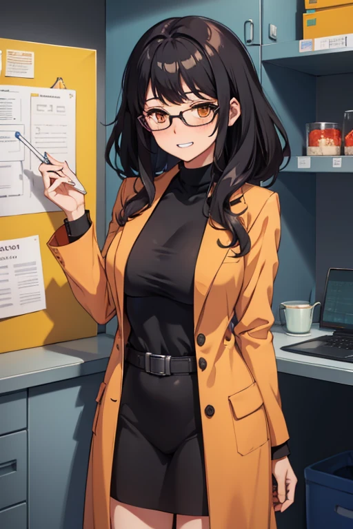 Female scientist, black hair, curly hair, medium hair, redish orange coat, glasses, orange eyes, short, medium sized breast, grin, embarrassed, blushing, in a lab, 