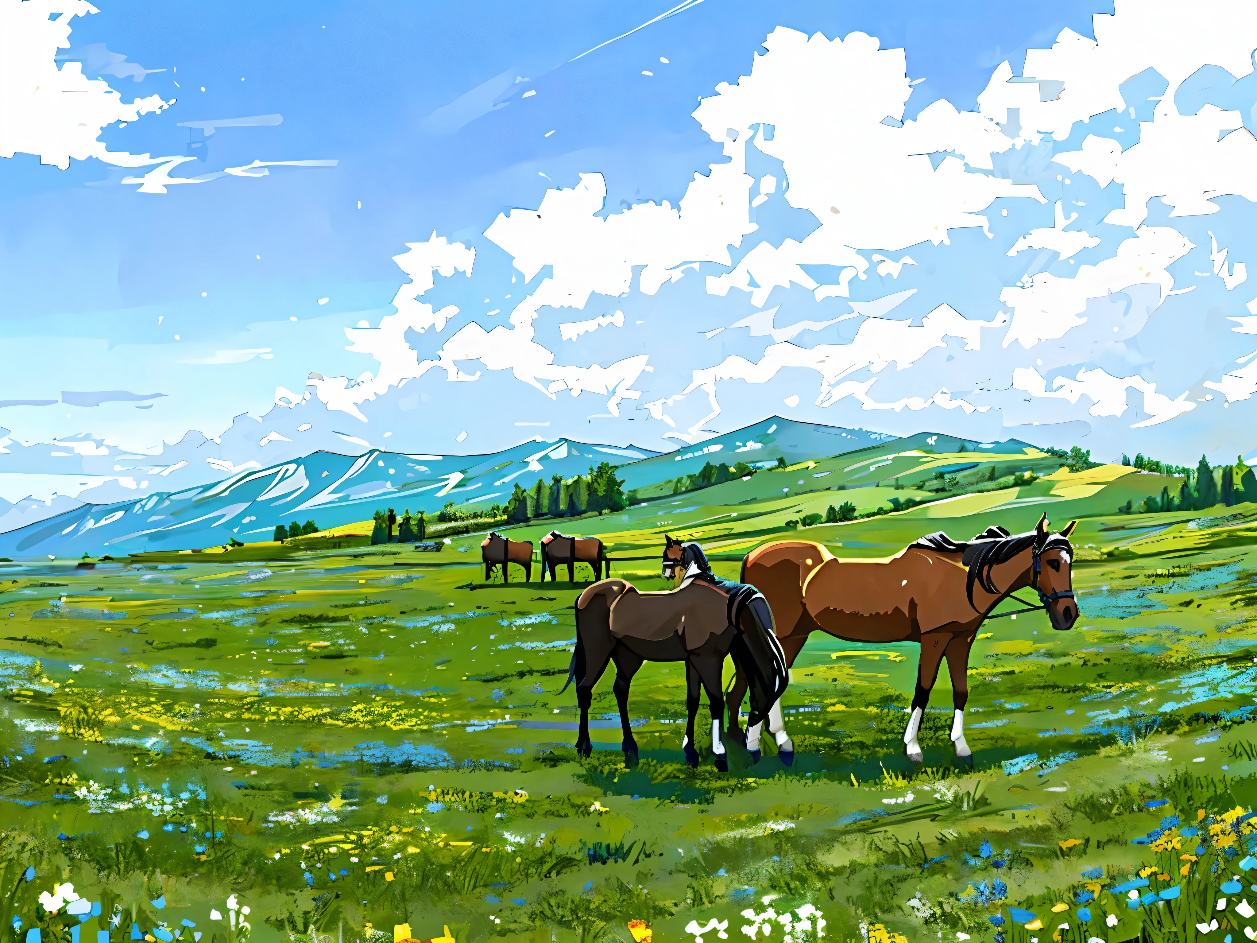 caballos graze on grass，El fondo es cielo azul, el valle del caballo, caballos, prados en colinas, Caballo en el fondo, en la estepa, beautiful high resolution, grass mountain landscape, Mongolia, en un vasto paisaje sereno, Amazing scenery in the background, Lo mejor de Adobe Stock, en un valle, Alpes, paisaje muy hermoso, hermoso cielo fino