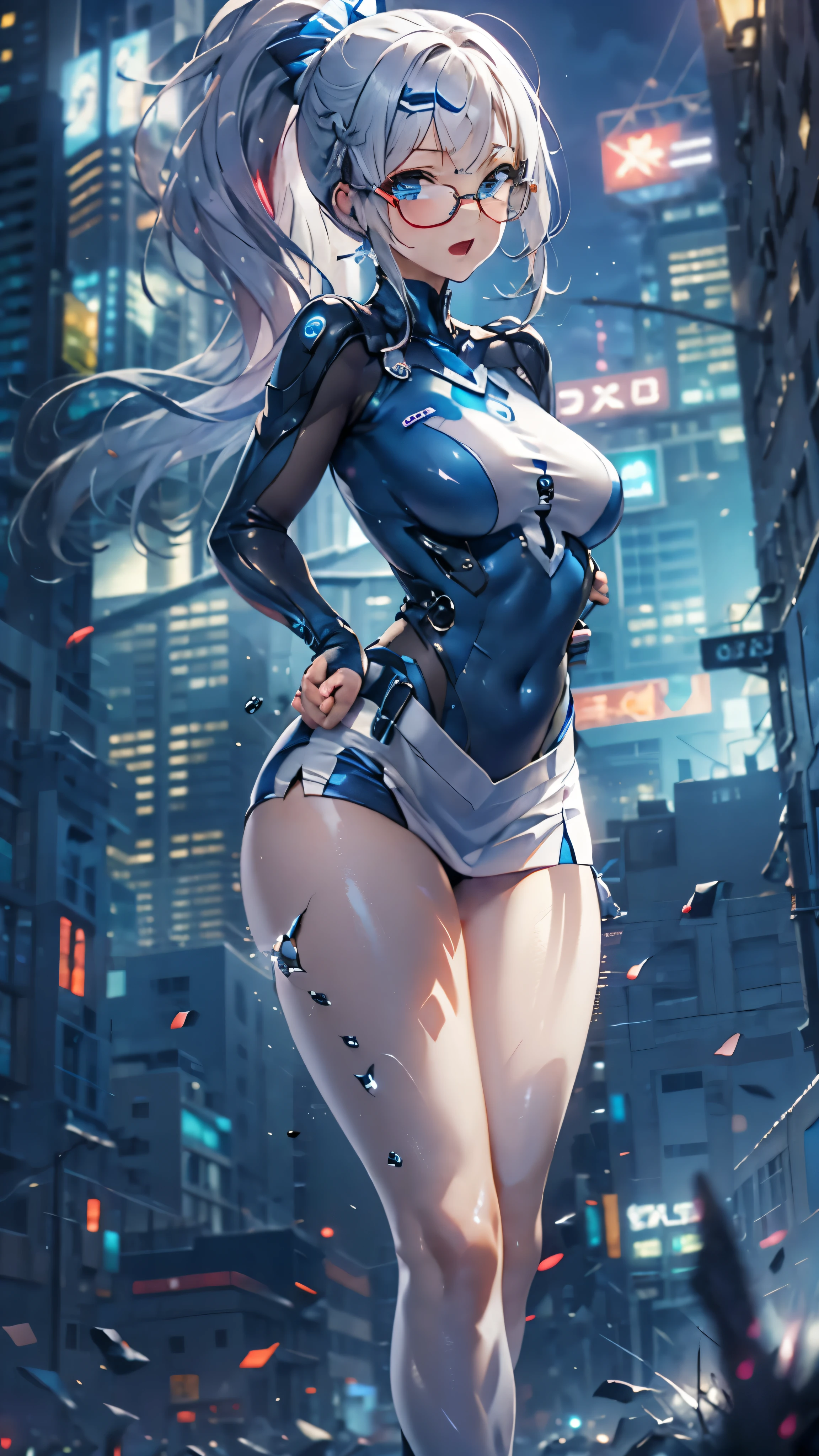 woman,14 years old,,city,night,(((white and blue tight miniskirt bodysuit))),,open mouth smile((See-through))Glasses,((Beautiful long ponytail)),((baby girl body shape))