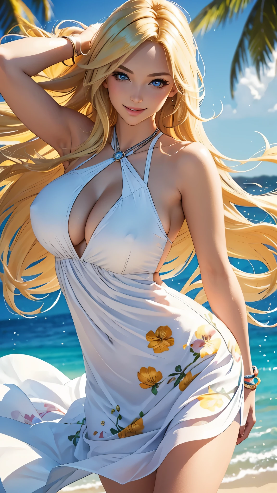 (best quality,ultra-detailed,photo-realistic:1.37),bright and vibrant colors,studio lighting,playful expression,stylish makeup,long blonde hair flowing in the wind,alluring eyes,glossy lips,y pose,flower pattern Sundress,smiling in a confident and seductive way,posing for a professional photoshoot,shallow depth of field,highlighting the main subject,soft natural lighting,creating a dreamy and magical atmosphere. Big