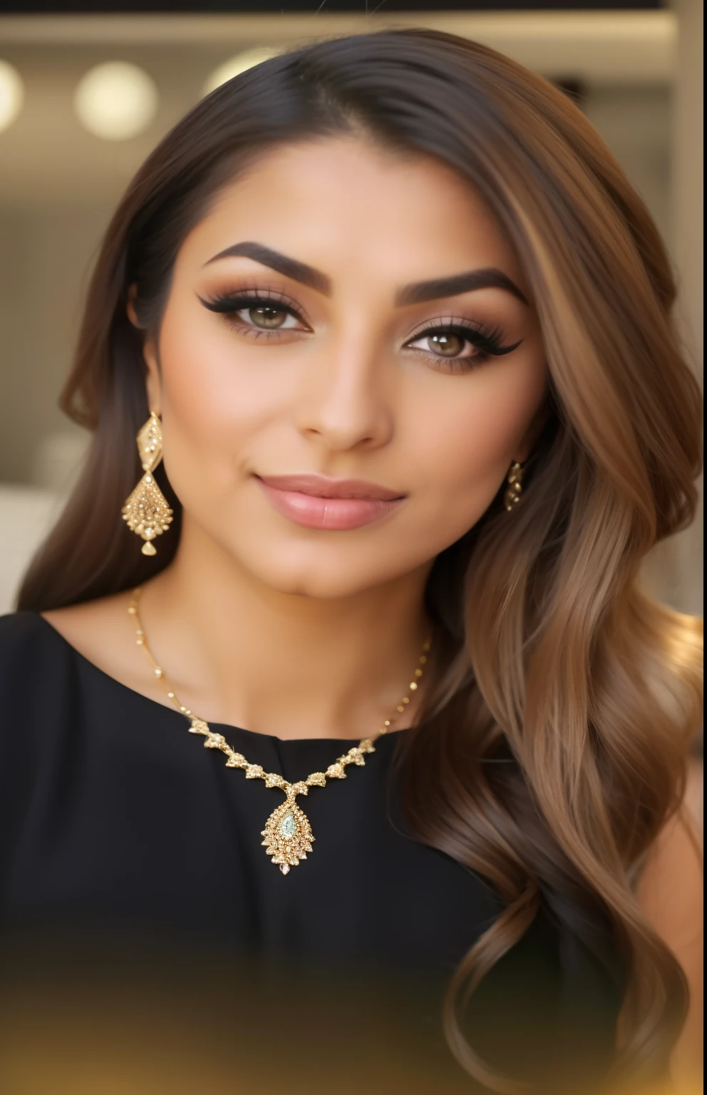 a woman with long hair wearing a black dress and a necklace, beautiful iranian woman, middle eastern skin, tanned ameera al taweel, beautiful arab woman, persian princess, arabian beauty, with professional makeup, flawless olive skin, young middle eastern woman, gorgeous latina face, sexy face with full makeup, middle eastern, very extremely beautiful, pale-skinned persian girl