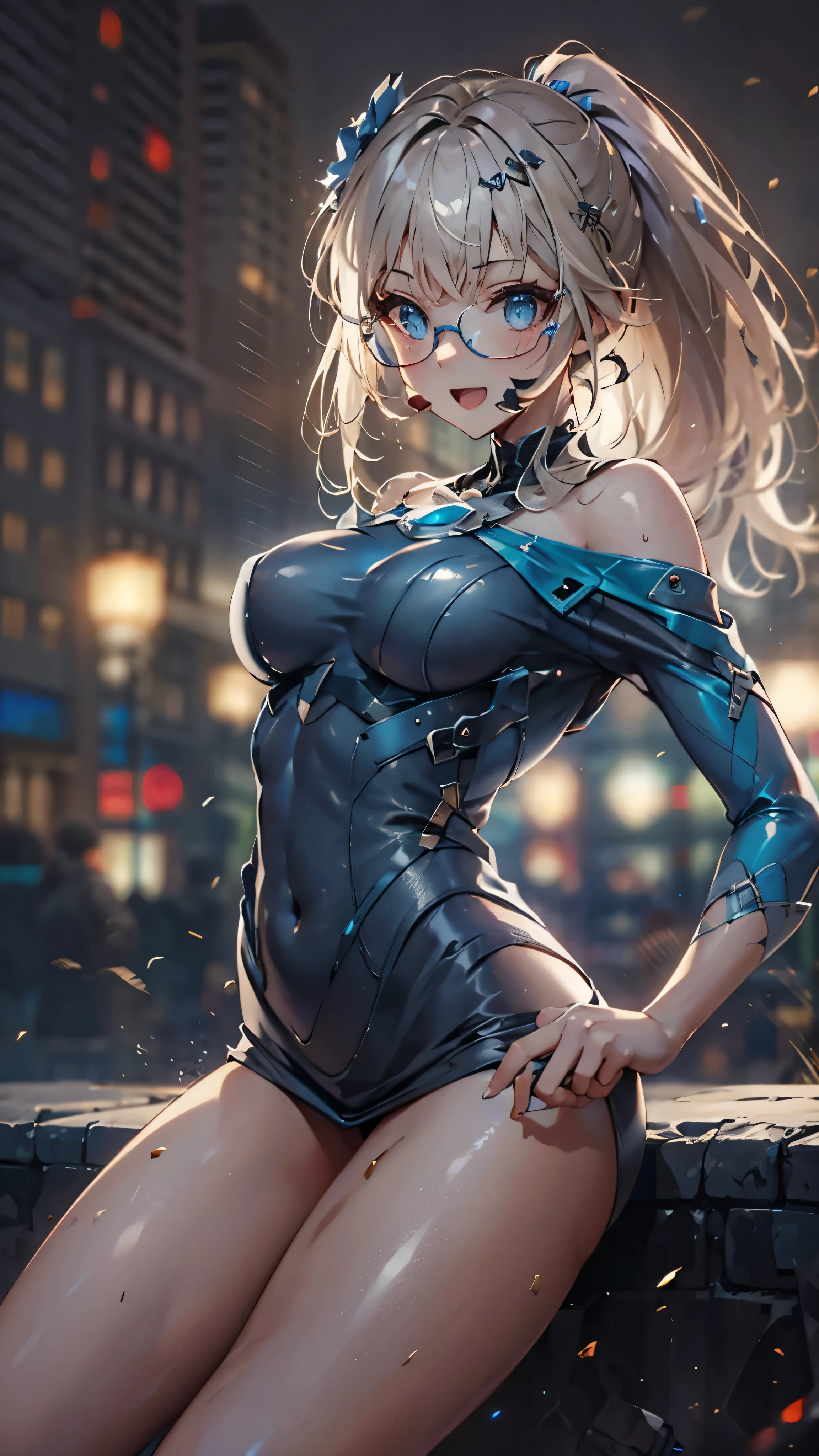 woman,14 years old,,city,night,(((white and blue tight miniskirt bodysuit))),,open mouth smile((See-through))Glasses,((Beautiful long ponytail)),((baby girl body shape))((blonde))