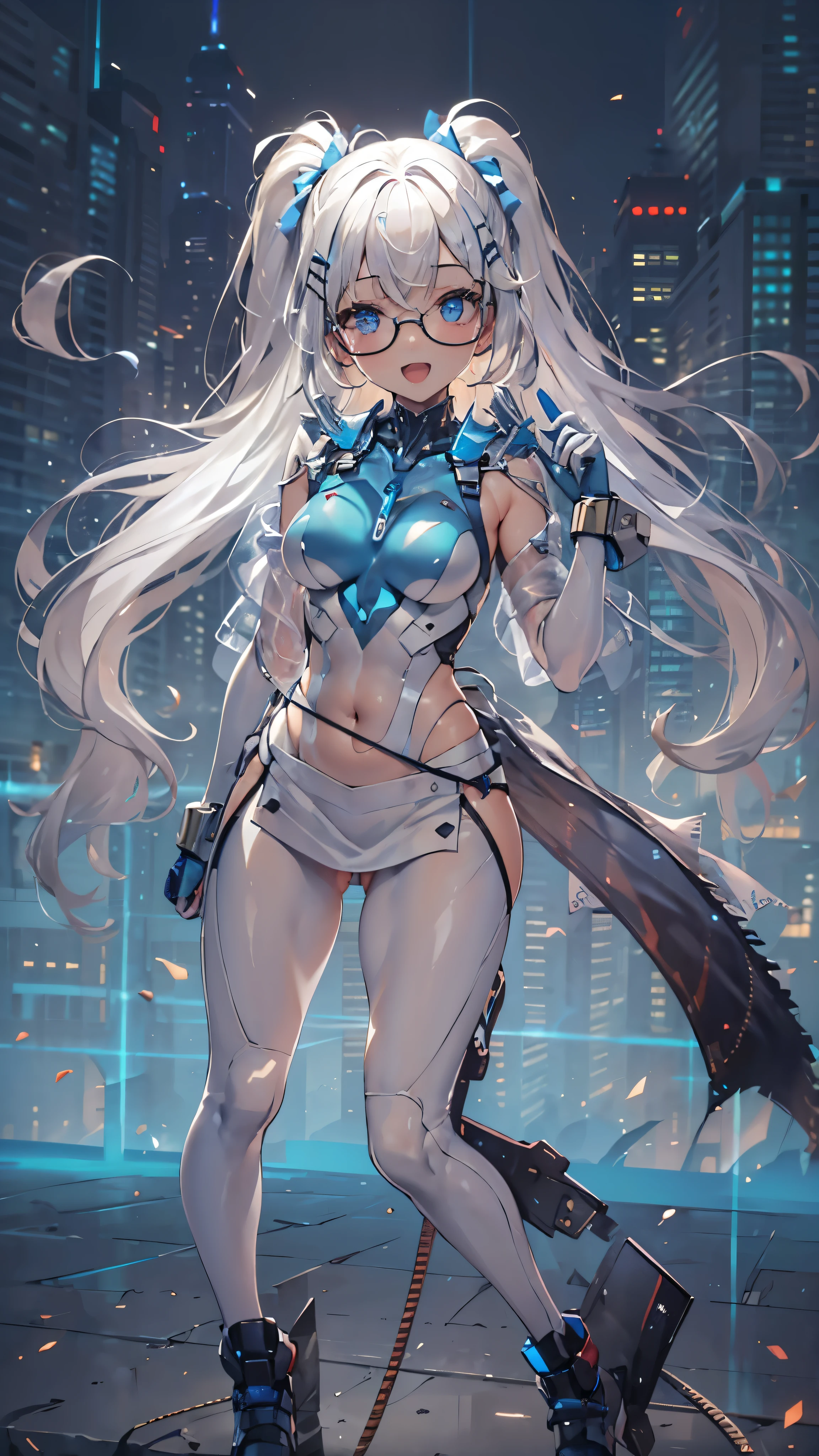 woman,14 years old,,city,night,(((white and blue tight miniskirt bodysuit))),,open mouth smile((See-through))Glasses,((Beautiful long ponytail)),((baby girl body shape))((blonde))