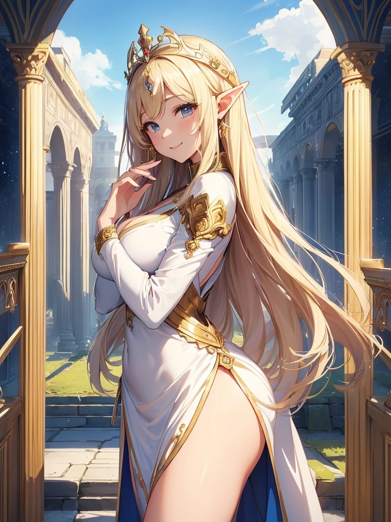 highest quality、Highest image quality、masterpiece、Super beautiful elf beauty with a beautiful back view((22 years old OL big bust、bust 90,beautiful long ironed hair、blonde、、slender、Close-up、Esbian、beautiful tiara、High quality、beautiful art、background((clear sky)))muste piece、visual art、Depth of bounds written、low angle of morning sky、、elf ears、、magic of light、space knight、harp melody🎵、A happy smile、gentle light、、Beautiful legs that are gentle on the skin、、、Number of fingers to achieve precise finger movements、back view ticker beautiful decorative、elegant、mystical　rosa、　heaven、marble columns, beautiful dressy、beautiful dress、magnificent marble dome、、temple of time、great watch、hourglass、sundial、myth、alphonse mucha art、art nouveau、ancient greece、Rome、byzantine art、gold foil、Raphael&#39;s paintings、renaissance art、Lord of the Ring、friendly smile、、Magnificent Temple、Hagia sophia、東Rome、Constantinople、magnificent city、palace