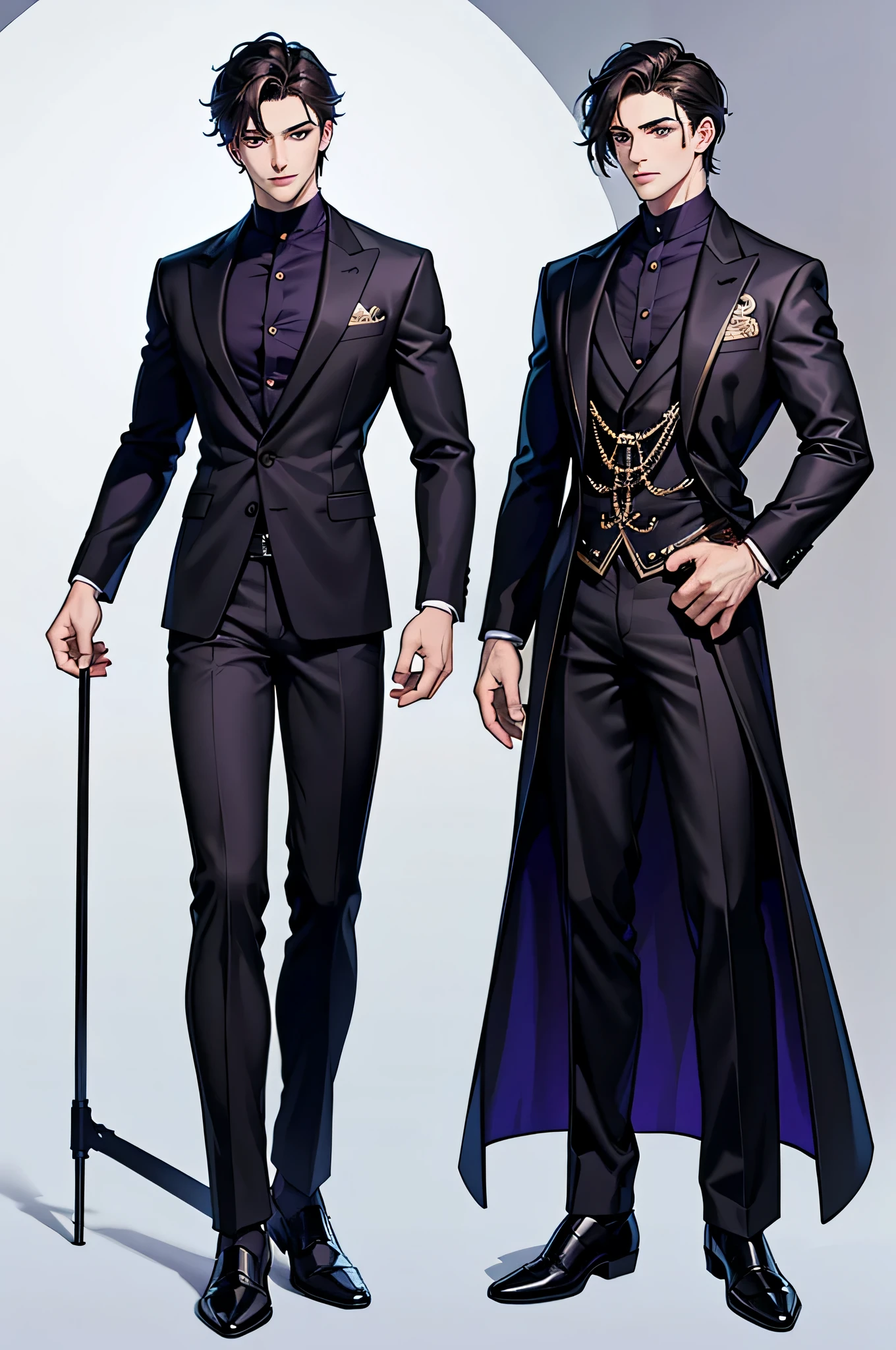 8K, Ultra High Quality, Masterpiece, Beautiful, Ultra Detailed, drawing, Character from head to toe, full body, Handsome Young Man, Dark Hair, Purple Eyes, Black Suit, Pale Skin, No Background