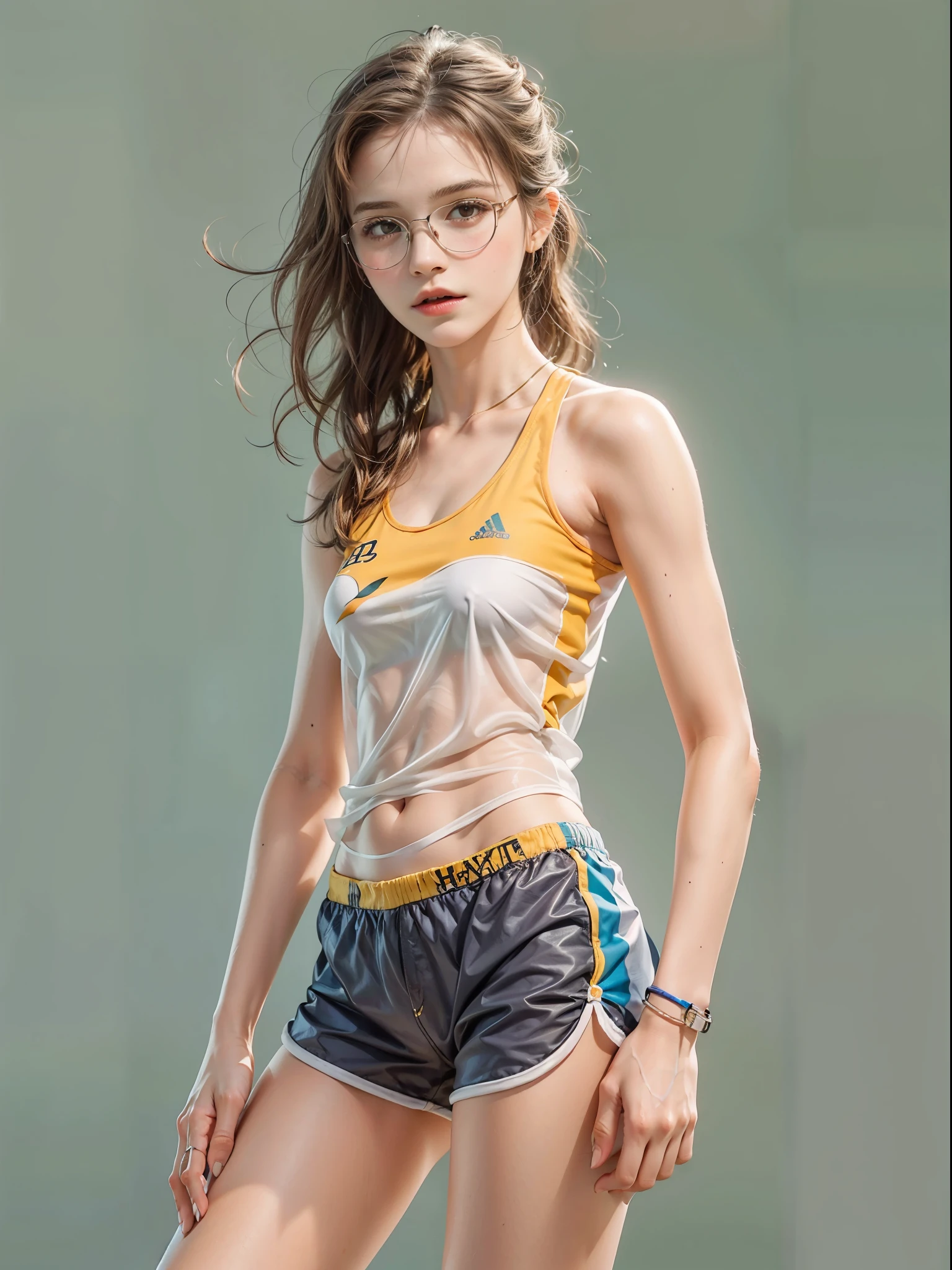 masterpiece, best quality, realistic, colorful, delicate, sharp focus, (PureErosFace_V1:0.5), (detailed beautiful delicate face, high detailed skin, skiny and thin:1.3), 1girl, 19 years old, tall, (smooth_abs:1.55), (abs:0.5), pretty, masterpiece, (long_skinny_legs), (straight_legs), (skinny_waist), (((fair skin))), white skin, bandeau, (school_uniform:swim_suits:0.5), yellow/pink shorts, chestnut brown hair, looking at viewer, yellow/orange sports shoes, glasses, (Emma_watson), big_breast, runner