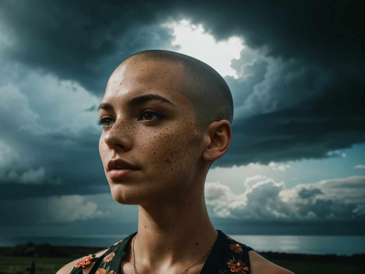 photo of beautiful 30 y.o woman, 4k uhd, high quality, dramatic, cinematic, (shaved head:1.2)), (freckles:1.3), imaginary floral patterns cumulus, a heavy mist of fragrance, noticeable, the bird seed in her hands, growing into birds, giants shelter her body, intricate ornate structures, cumulus cloud survival float around her, radiating, the night sky, deep dark shadows, she hides new seasons, the woman is aware and watching us, we see her energy