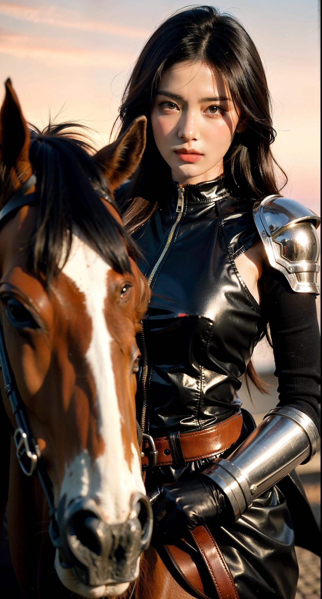 close up a woman with red eyes wearing armor is riding a horse