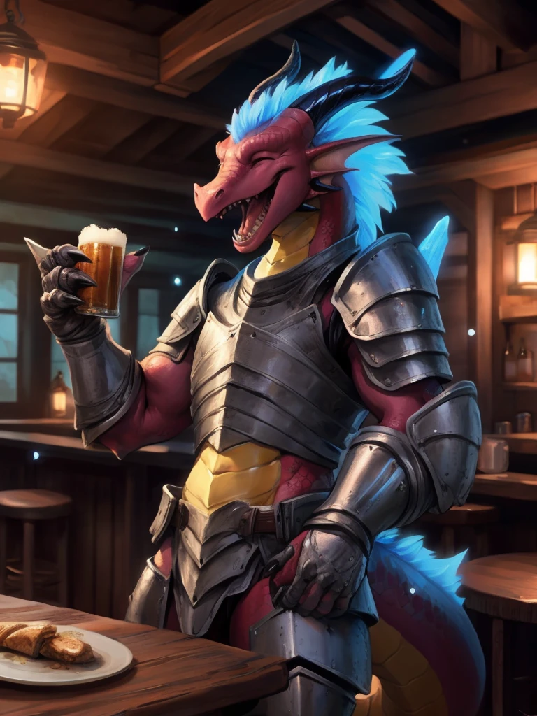 solo, male, adventurer, (male anthro dragon:1.3), (red body:1.1), yellow belly, (standing:1.3), (kemono:1.2), (tavern:1.23), heavy armor, (plate armor), (laugh:1.3), eyes closed, open mouth, beer, detailed eyes, dragon tail, horn, (bust portrait), (detailed eyes), (indoors:1.35), table, bar counter, food, dnd, crowd, (dark:1.4), (particles ,firefly, blue glowing:1.3), detailed background, 8k hd, (dark shadows, wide dynamic range, hdr, low light:1.2), by Pino Daeni, canyne khai, milkytiger1145, (bara), [dagasi, yupa]