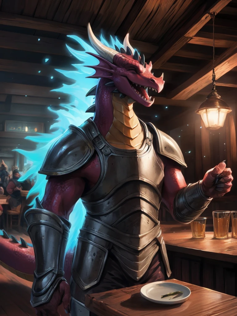 solo, male, adventurer, (male anthro dragon:1.3), (red body:1.1), yellow belly, (standing:1.3), (kemono:1.2), (tavern:1.23), heavy armor, (plate armor), (laugh:1.3), eyes closed, open mouth, beer, detailed eyes, dragon tail, horn, (bust portrait), (detailed eyes), (indoors:1.35), table, bar counter, food, dnd, crowd, (dark:1.4), (particles ,firefly, blue glowing:1.3), detailed background, 8k hd, (dark shadows, wide dynamic range, hdr, low light:1.2), by Pino Daeni, canyne khai, milkytiger1145, (bara), [dagasi, yupa]