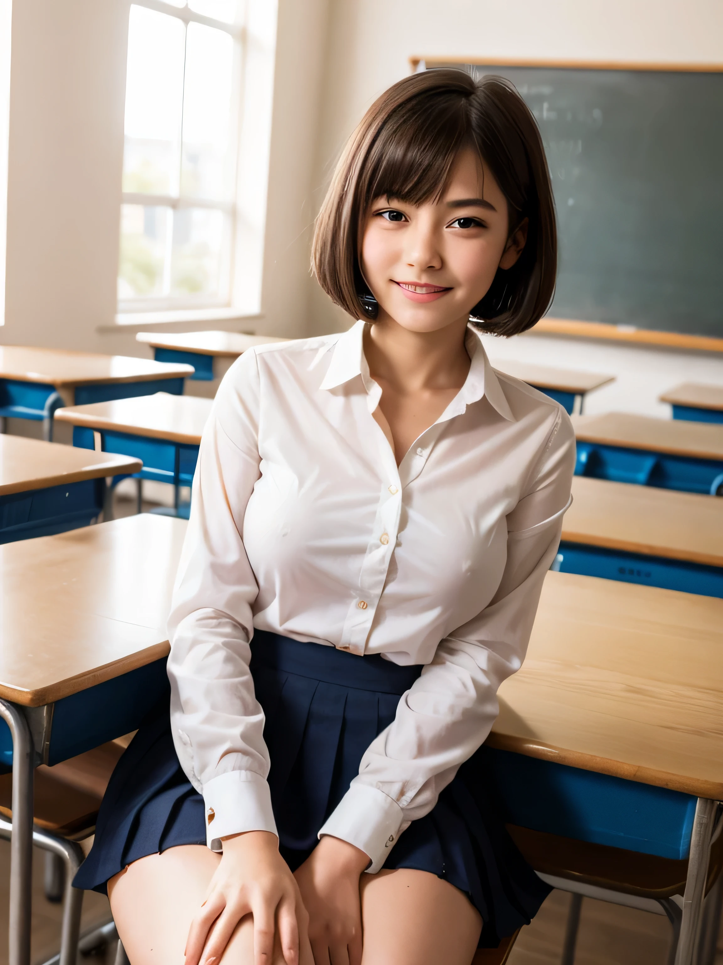 1 girl, , bangs, smile, white shirt, dark blue skirt, black eye, black hair, Breasts get bigger, short hair, bob cut, No bra, white blouse, chest pouch, classroom, school uniform, sitting, spread your legs,