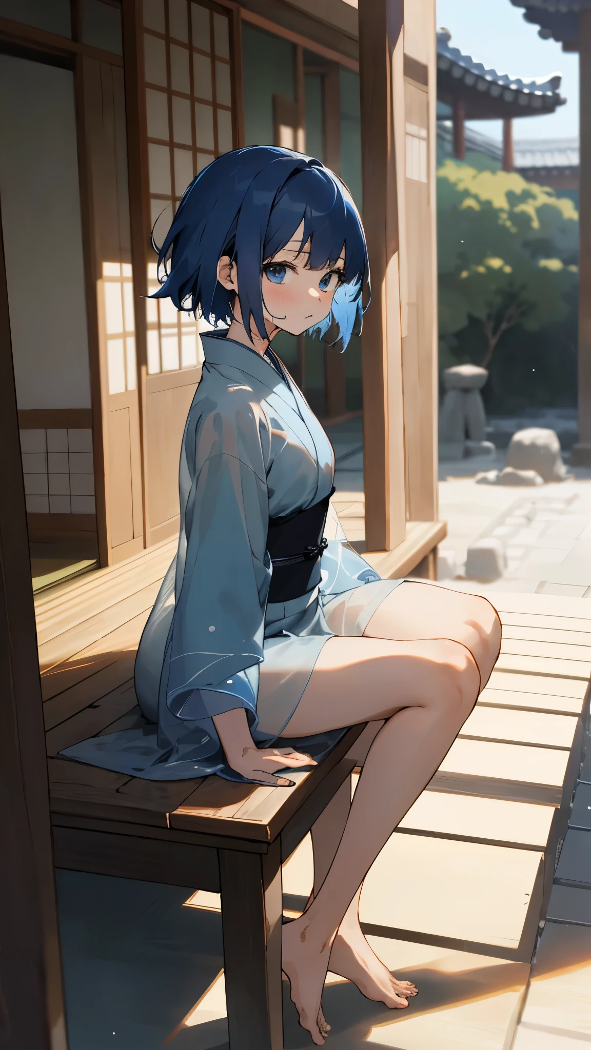 (masterpiece, best quality), solo, 1girls, short hair, blue hair, chinese, grey dress, short, see-through, wuxia, shy, poor, barefoot, blue eyes, short sleeves, grey kimono, bare legs, wet clothes, from_side, sitting,upper body, veranda, close shot, looking at the viewer, 1oak on the background, sandy japanese courtyard,