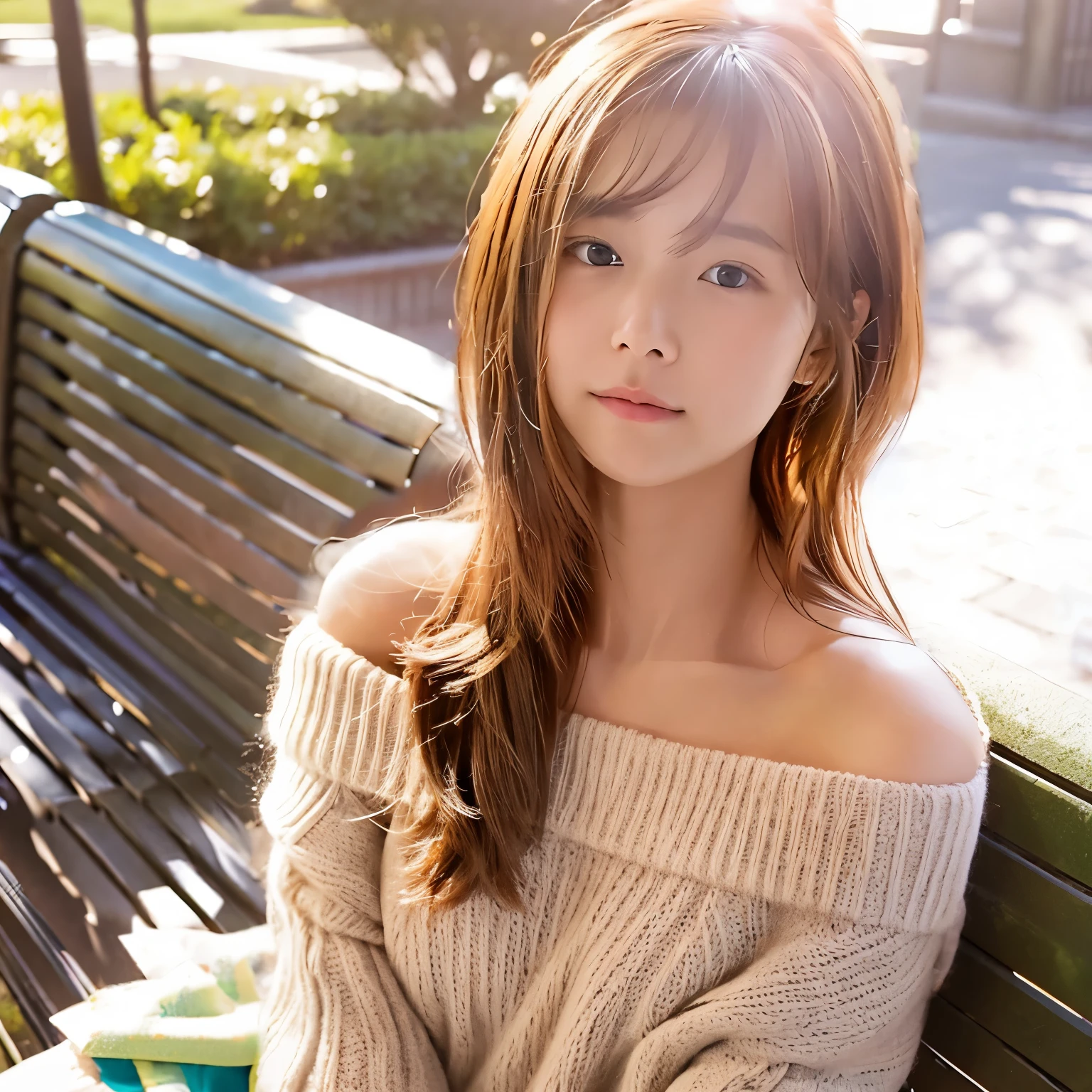 clear sky、sitting on a park bench、