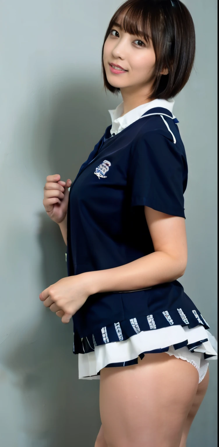 Seifuku Cosplay,Seifuku Cosplayershort hair,arms behind,Front body, front, slender body,Are standing ,(8K, RAW photo, highest quality, masterpiece:1.2), (realistic, photo-realistic:1.37), super detailed,(detailed beautiful girl:1.4),1 girl, full body shot, heavy hanging breast.thick thighs