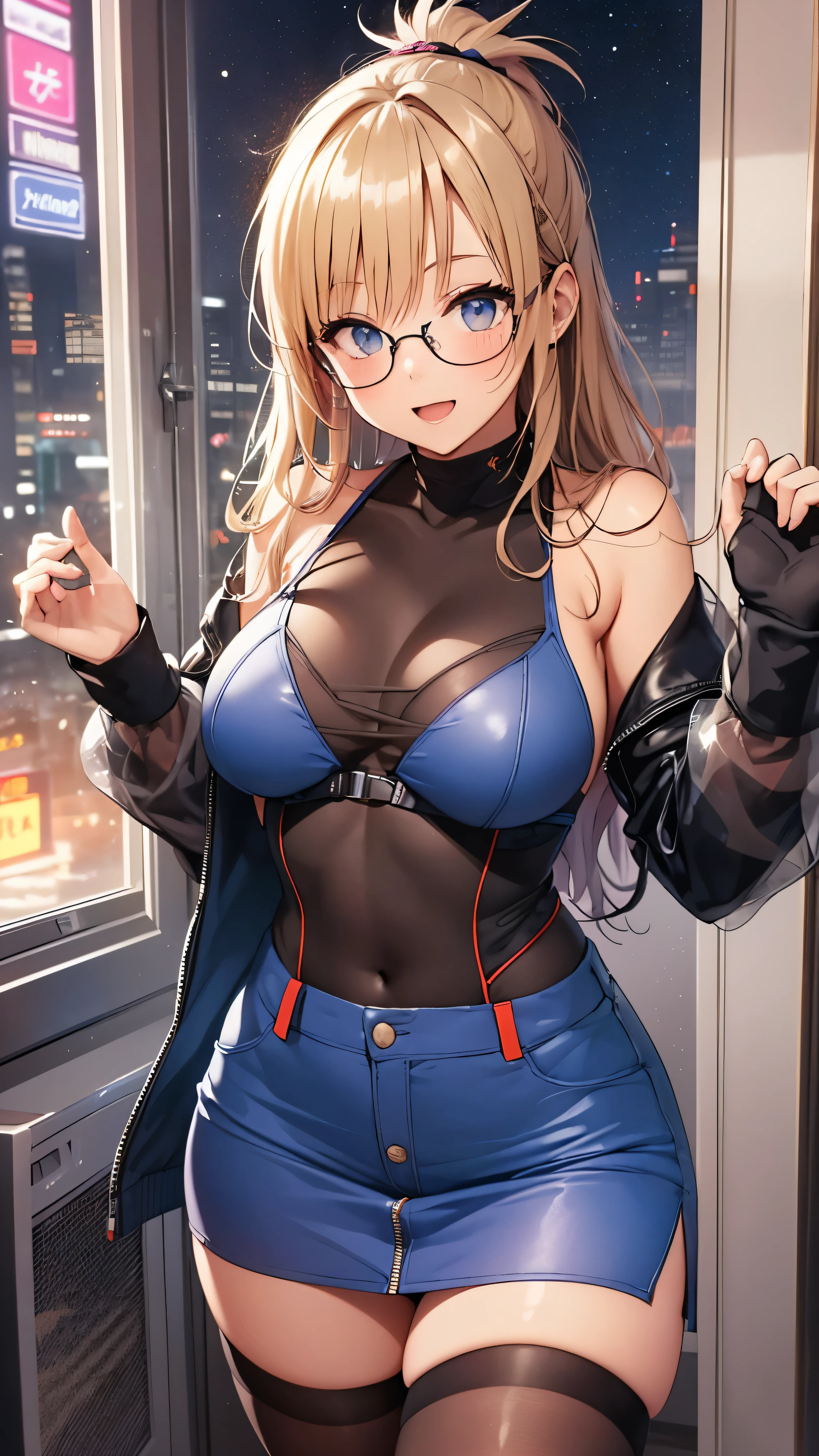 woman,,,city,night,(((white and blue tight miniskirt bodysuit))),,open mouth smile((See-through))(((Glasses))),((Beautiful long ponytail)),(()),blush、surprised face,((())),((blonde))(((On the way to changing clothes)))(((While undressing)))