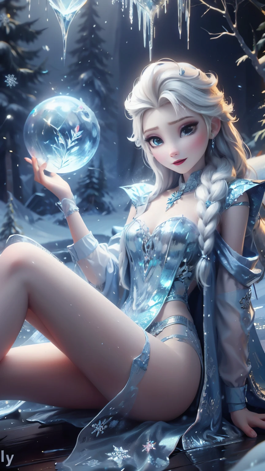 8k,high quality,scenery,mid shot,Beautiful goddess of ice and snow, sitting,(leaning back:1.2),spread legs,sexy posture,Snow white and smooth skin,exquisite and beautiful face,slender body,huge breasts,long legs,medium hipbone,Ice mage, ice element, Summon Ice Spell, cast ice spell,Intricate design and details, weird mist, cold, Blizzard storm,, Realistic ice effects, Snow grains, fantasy art style, Ice Castle,dramatic lighting,