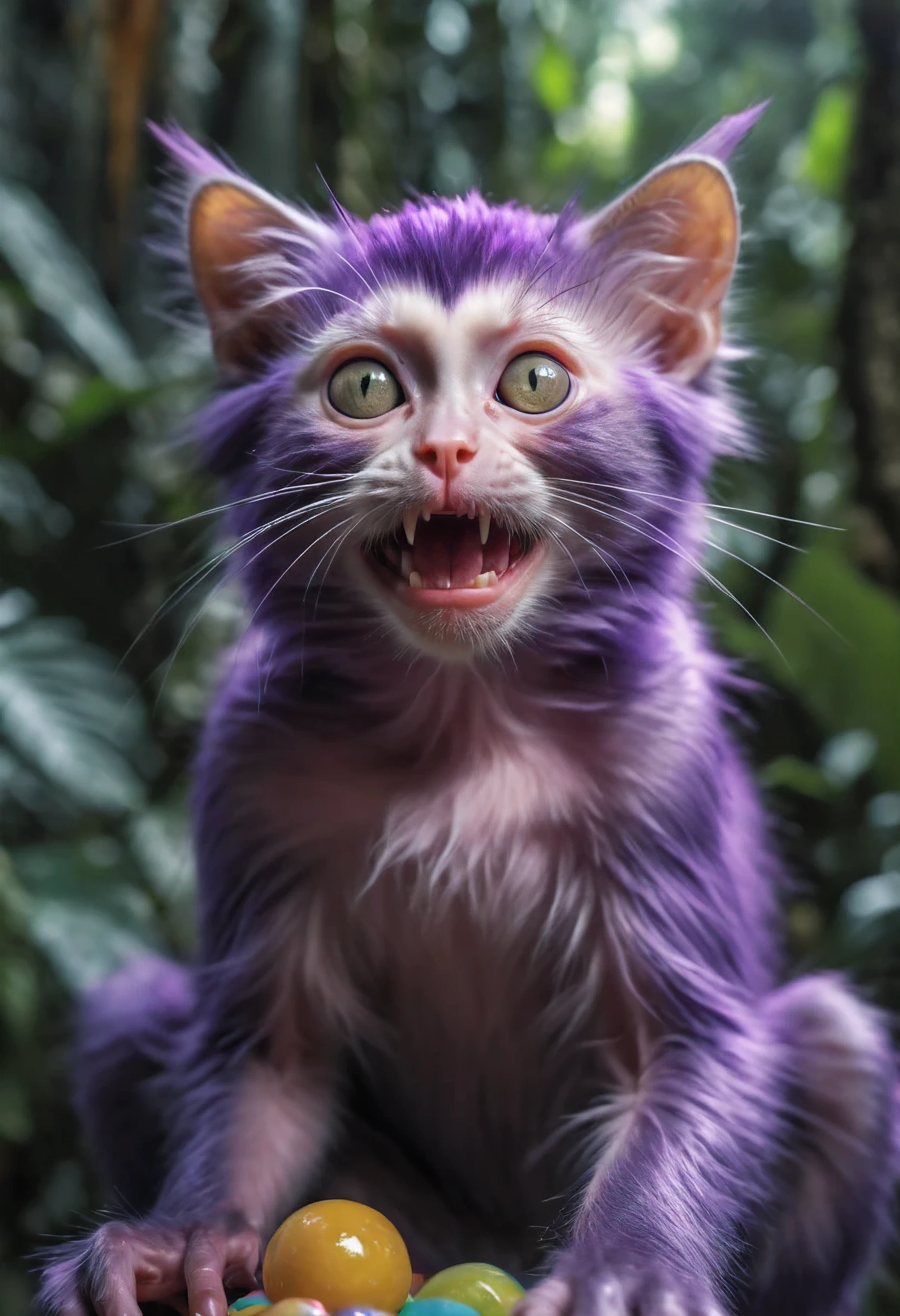 (hybrid:1.10) (monkey:0.95) (cat:1.05), (merge:1.1), violet, inside candy-jungle, surreal happy photographic, realism pushed to extreme, fine texture, incredibly lifelike, cinematic, large format camera, photo realism, DSLR, 8k uhd, hdr, ultra-detailed, high quality, high saturation