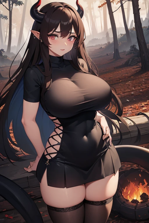 ((1 demon woman, curvy with long black hair and blue eyes huge breasts wearing a very small and tight and very revealing dress)),((1 curvy demon woman with long brown hair and red eyes with huge bigger breasts and wearing a mini skirt that shows her panties)),((two different women, a woman and a demon)), are looking at each other, with a perverted smile)),((standing, in a burnt forest and destruction))