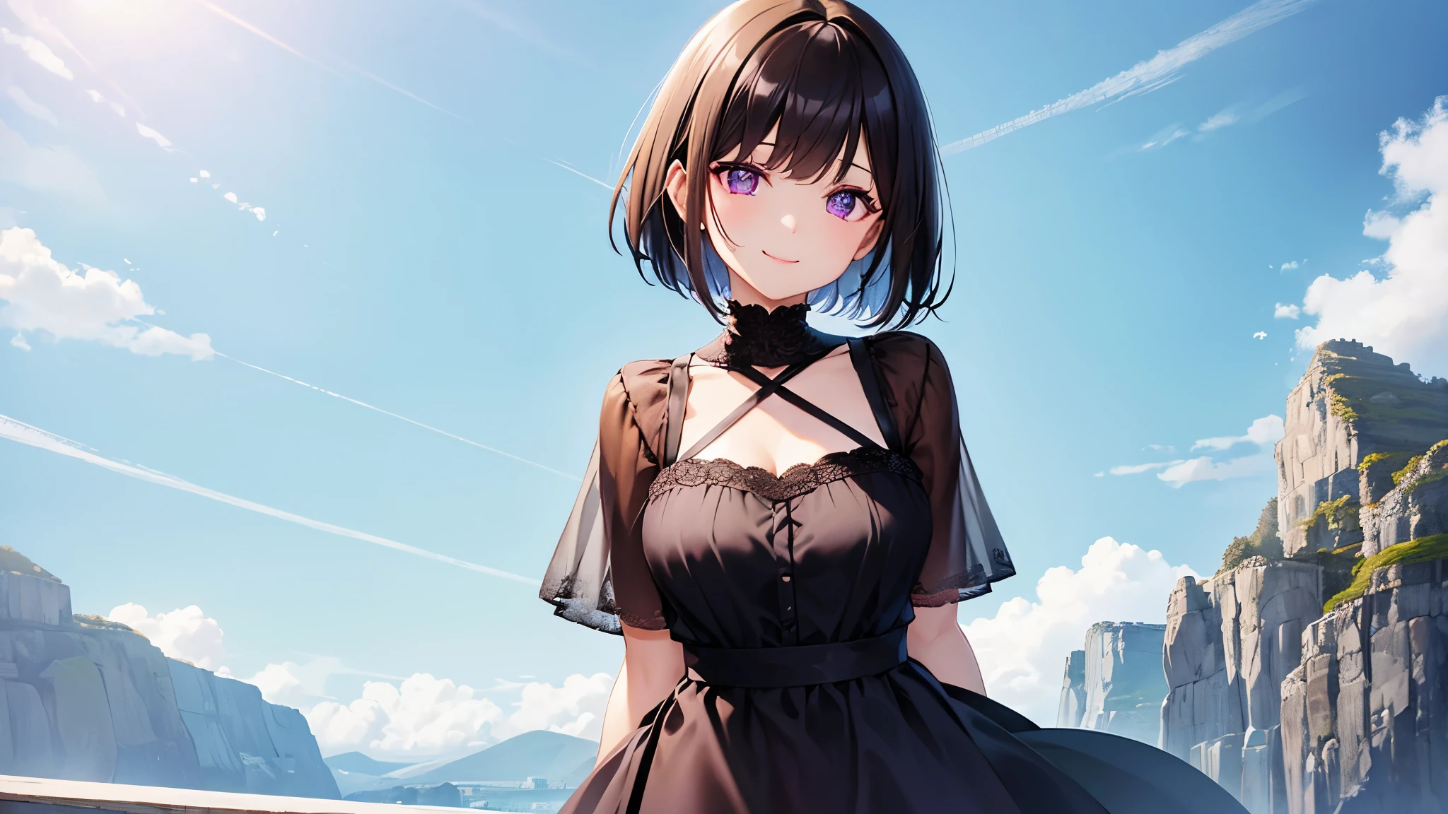 very cute girl、dark brown hair、bob cut、short hair、Violet eyes、smile、Crystal clear white skin、Best clothes、