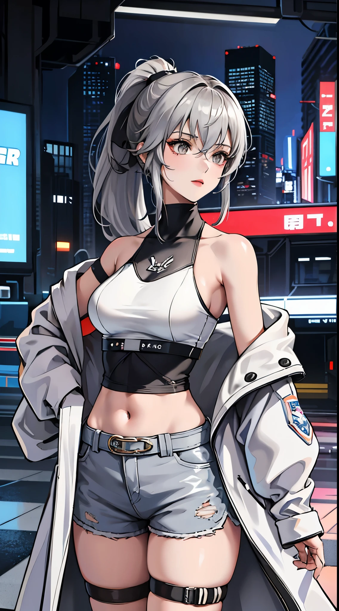 Young girl, short gray hair, gray eyes, high ponytail, cyberpunk, white top, shorts, furcoat, masterpiece, high quality, SilverWolf, oversized tank tops