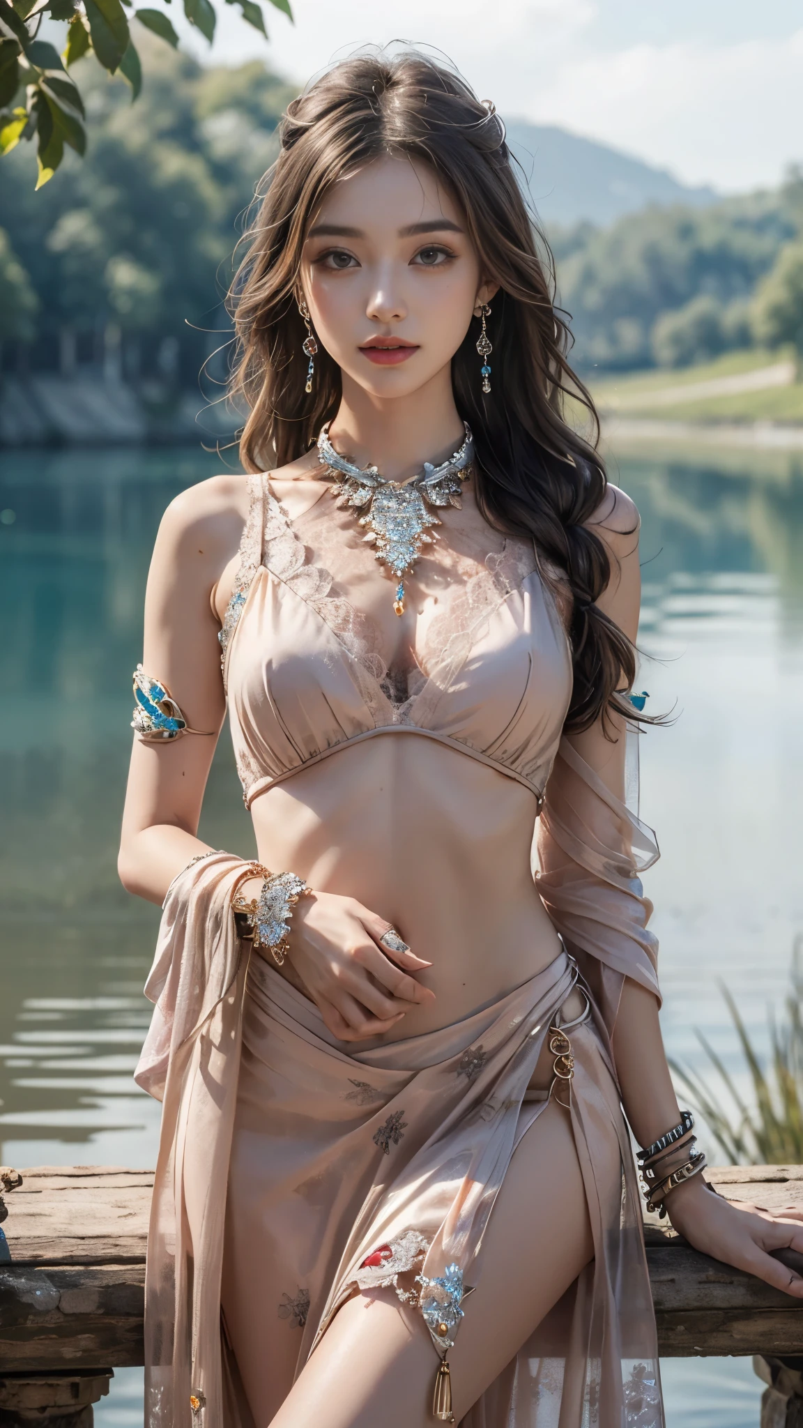 highest quality、masterpiece、Super high resolution、16k photos、(Blue Dragon Armor)、(((big breasts)))、(((large floral ornament on the head))),(((Micro bikini with attention to detail))),(wears a beautiful crown made of precious stones),(Photoreal:1.4)、RAW photo、1 girl、(((random hair))、(((take various poses)))、glowing skin、(((white dragon)))、intricate and gorgeous hair ornaments、(Looks like a gorgeous jewelry necklace)、(whole body angle)、(fight big dragonet bikini)、((beautiful lake background)),(beautiful forest background)、((Super realistic details))、Portrait、global illumination、(sexy pose)、Shadow、octane rendering、16K、big breasts、Raw skin exposed in the cleavage、Metal、intricate decorative details、Japan details、very intricate details、blue eyes、Eyes shining towards the camera、two stock、(whole body angle)、(veil)、(((heavy big))),((she is wearing a beautiful jeweled bangle.)),