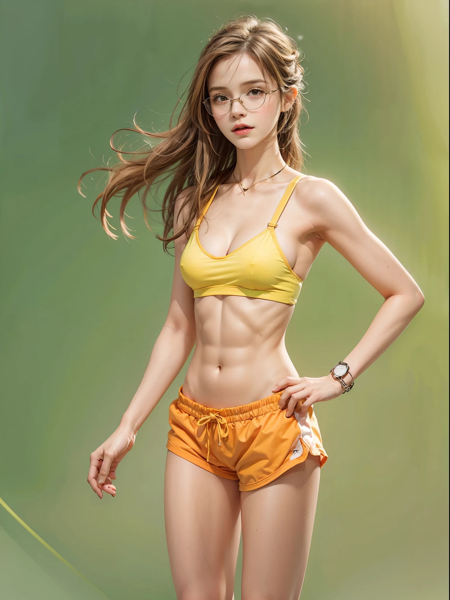 masterpiece, best quality, realistic, colorful, delicate, sharp focus, (PureErosFace_V1:0.5), (detailed beautiful delicate face, high detailed skin, skiny and thin:1.3), 1girl, 19 years old, tall, (smooth_abs:1.55), (abs:0.5), pretty, masterpiece, (long_skinny_legs), (straight_legs), (skinny_waist), (((fair skin))), white skin, bandeau, (school_uniform:swim_suits:0.5), yellow/pink shorts, chestnut brown hair, looking at viewer, yellow/orange sports shoes, glasses, (Emma_watson), big_breast, runner