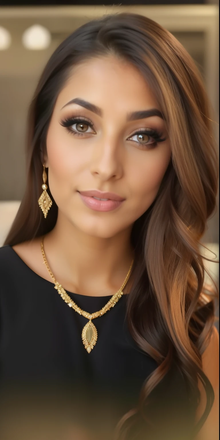 a woman with long hair wearing a black dress and a necklace, beautiful iranian woman, middle eastern skin, tanned ameera al taweel, beautiful arab woman, persian princess, arabian beauty, with professional makeup, flawless olive skin, young middle eastern woman, gorgeous latina face, sexy face with full makeup, middle eastern, very extremely beautiful, pale-skinned persian girl
