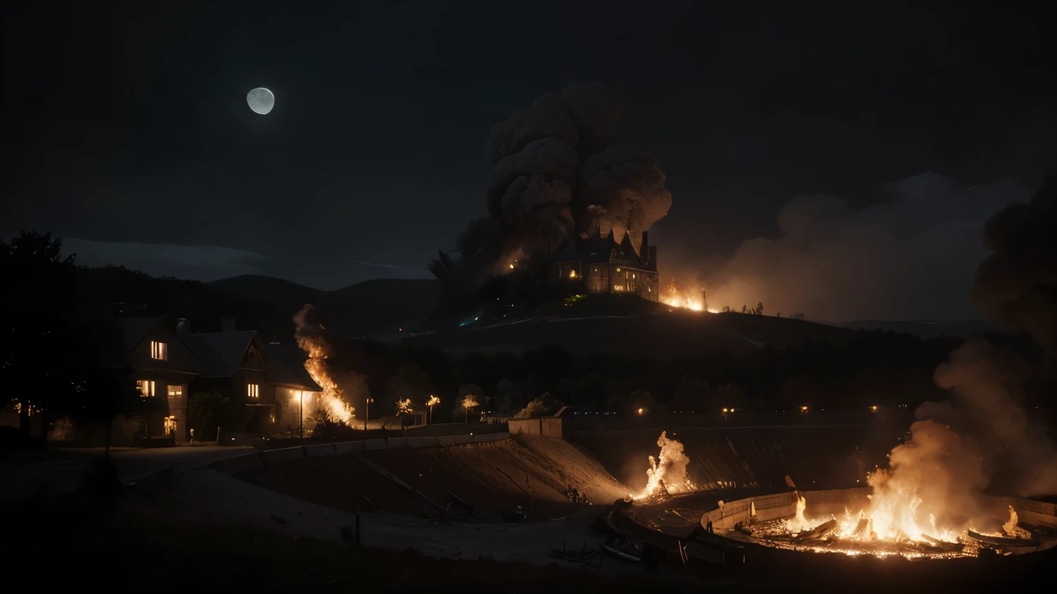 European aristocracy A fantasy and medieval landscape, several medieval houses on fire, castle on fire, with a lot of smoke. and an atmosphere of foreboding that creates a sense of chaos, despair and war, digital illustration, highly detailed dark colors, highly detailed fire, at night, with a moon, many people running, people fighting 8K trends