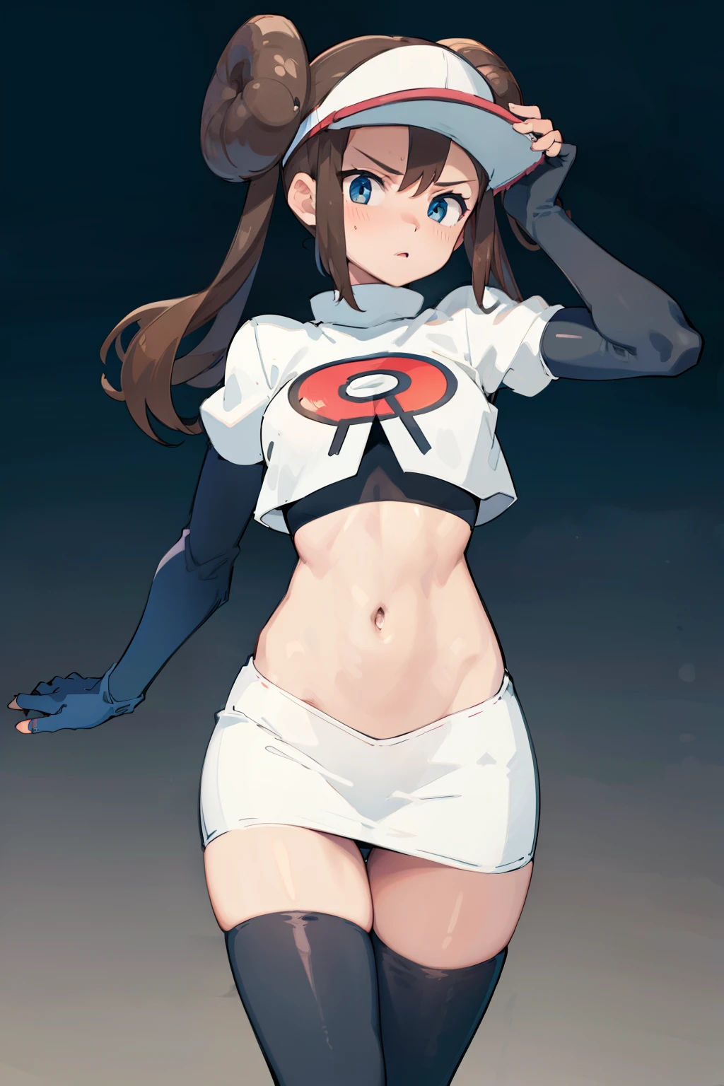supermodel physique, perfect body, perfect clear skin, ultra quality, masterpiece, high quality, beautiful, sexy face, pretty, slightly toned, fit, supermodel build, sexy waist, sexy hips, perfect legs, thigh gap, facing the camera, rosa(pokemon), 1girl, solo, double bun, hair bun, visor cap, brown hair, blush, team rocket,team rocket uniform, red letter R, white skirt,white crop top,black thigh-highs,black elbow gloves