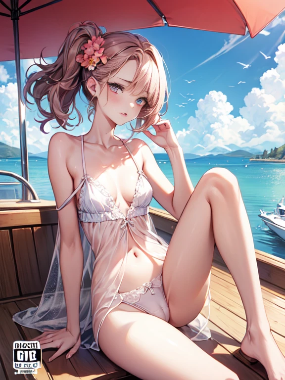 Beautiful and attractive women with fashion trends, whole body: 1.6, have flowers, random hairstyle, sitting under a parasol, by boat, tight slip dress random color, hair blowing in the wind, blue sky and white clouds, delicate sexy clavicle, cover chest, attractive face, double eyelid, Smart peach blossom eyes, pink lips, small upturned chest, bare shoulders, concentrated face, ultra high resolution, Super detailed, Ultra-thin translucent, fresh and good, See-through, pink underwear