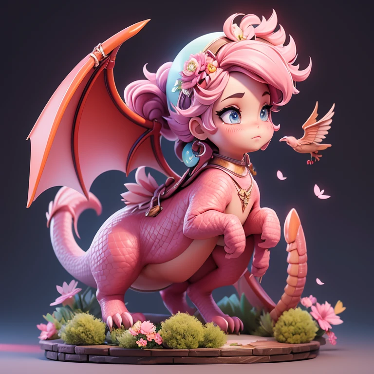 Girl riding on a pink dragon Girl also has dragon wings flying in the sky Cute