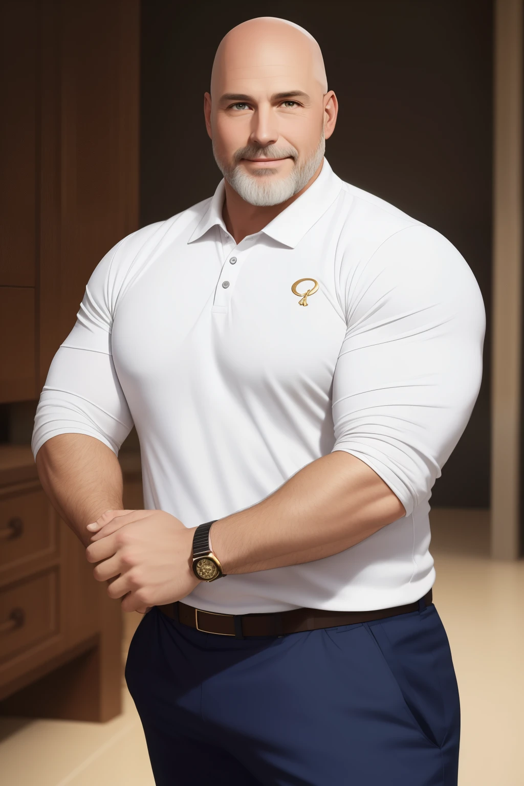 A captivating and ultra-realistic full-body portrait of a white man in his 40s, boasting a fair-skinned complexion and a bald head shaved to perfection, framed by an oval-shaped head and round curves accented at the cheeks and nose. His slightly graying beard adds character to his features, while a gold watch adorns his right arm. Dressed in a snug polo shirt and sports pants, he exudes an aura of confidence. CompleTING THIS LOOK, white luxury sneakers hug his feet. His expression is radiant, revealing a big, wide smile that proudly shows off his pearly white teeth.

This portrait is expert