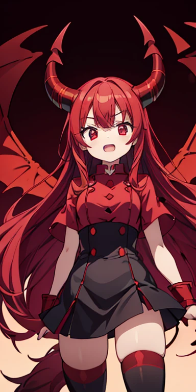 ,long red hair,red demon horns,Red tights,Red and black striped stockings,Red boots,Show fangs,Red demon wings,Red slender tail,flaming background